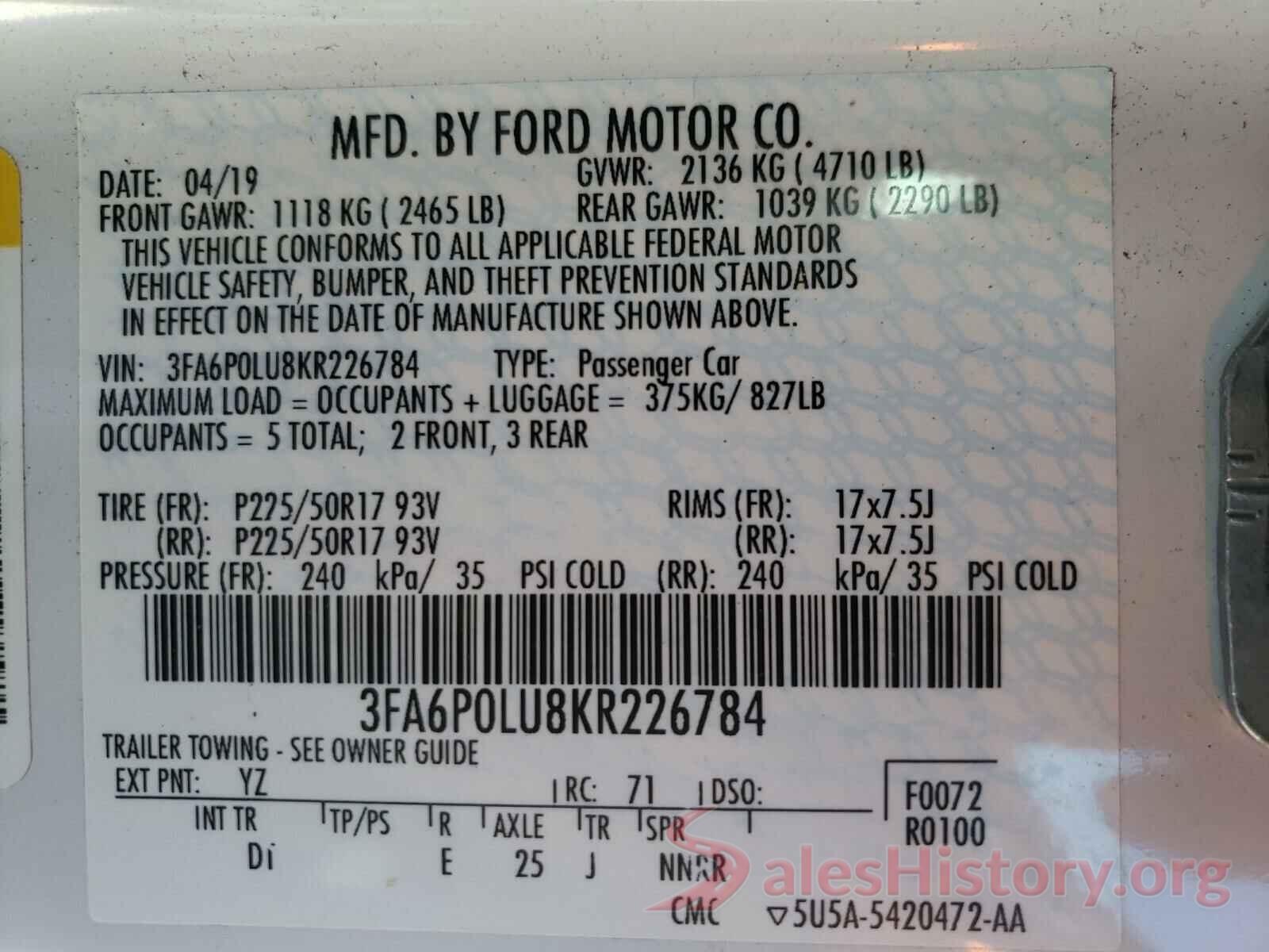 3FA6P0LU8KR226784 2019 FORD FUSION