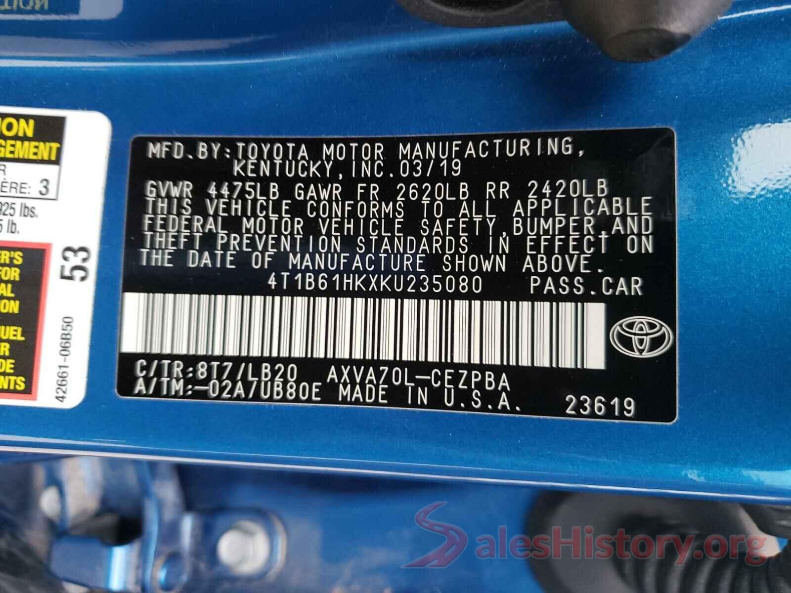 4T1B61HKXKU235080 2019 TOYOTA CAMRY