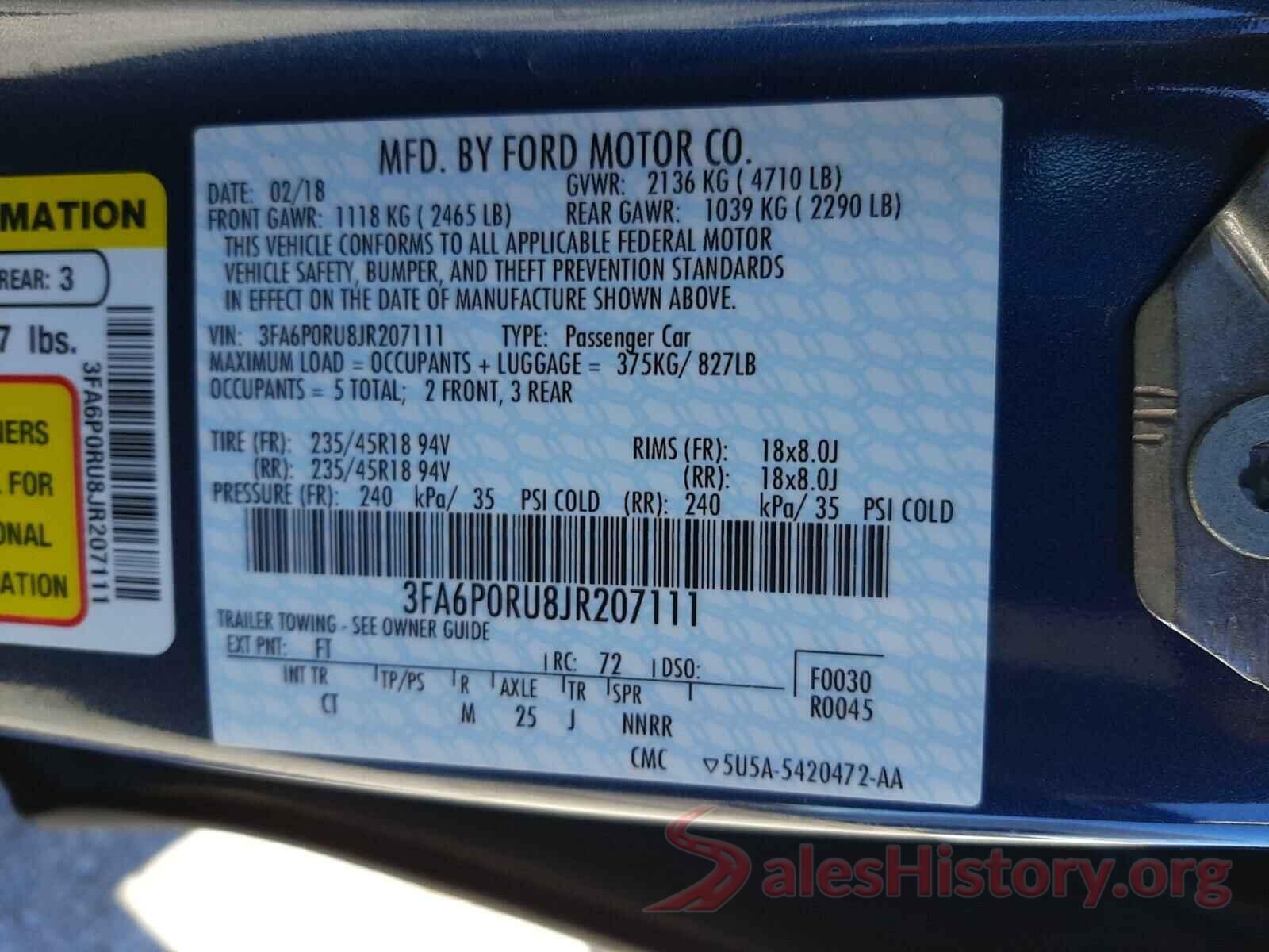 3FA6P0RU8JR207111 2018 FORD FUSION