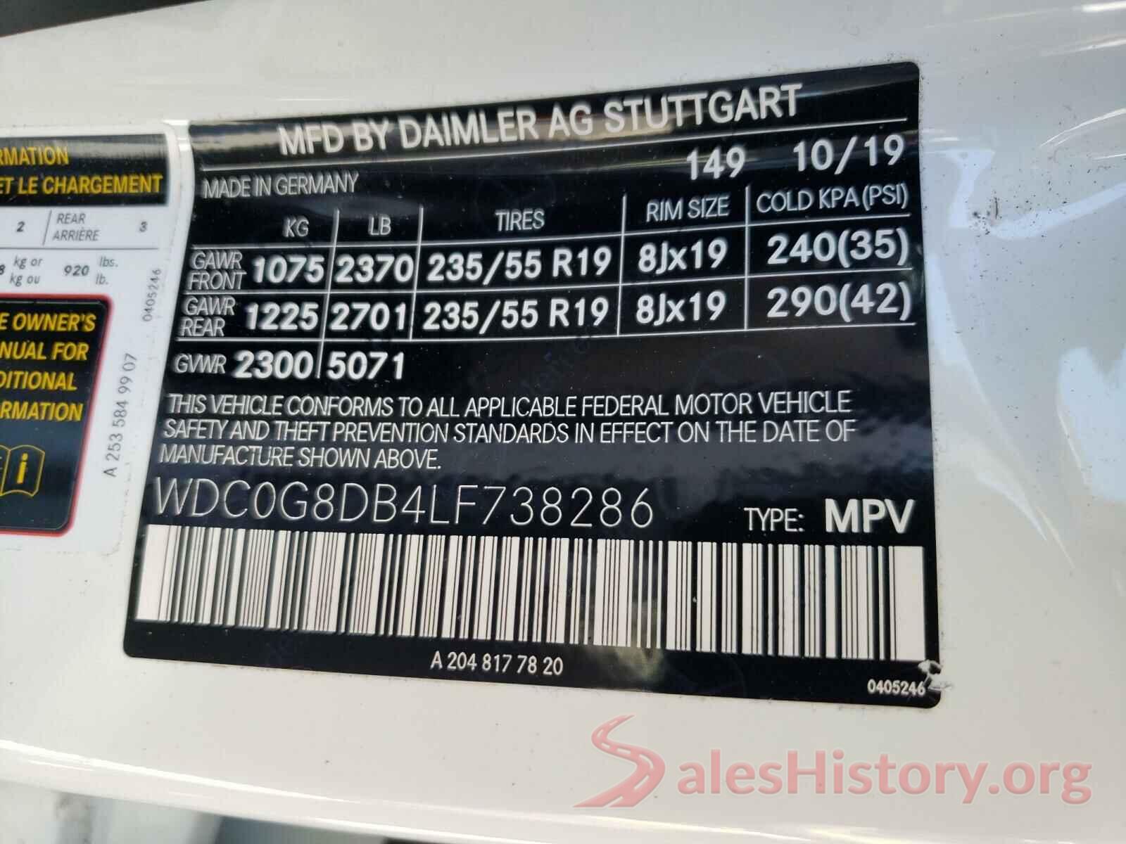 WDC0G8DB4LF738286 2020 MERCEDES-BENZ G CLASS