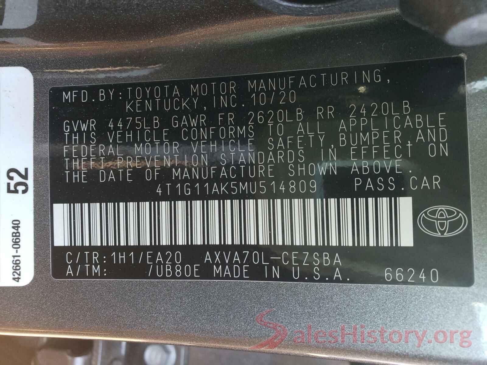 4T1G11AK5MU514809 2021 TOYOTA CAMRY