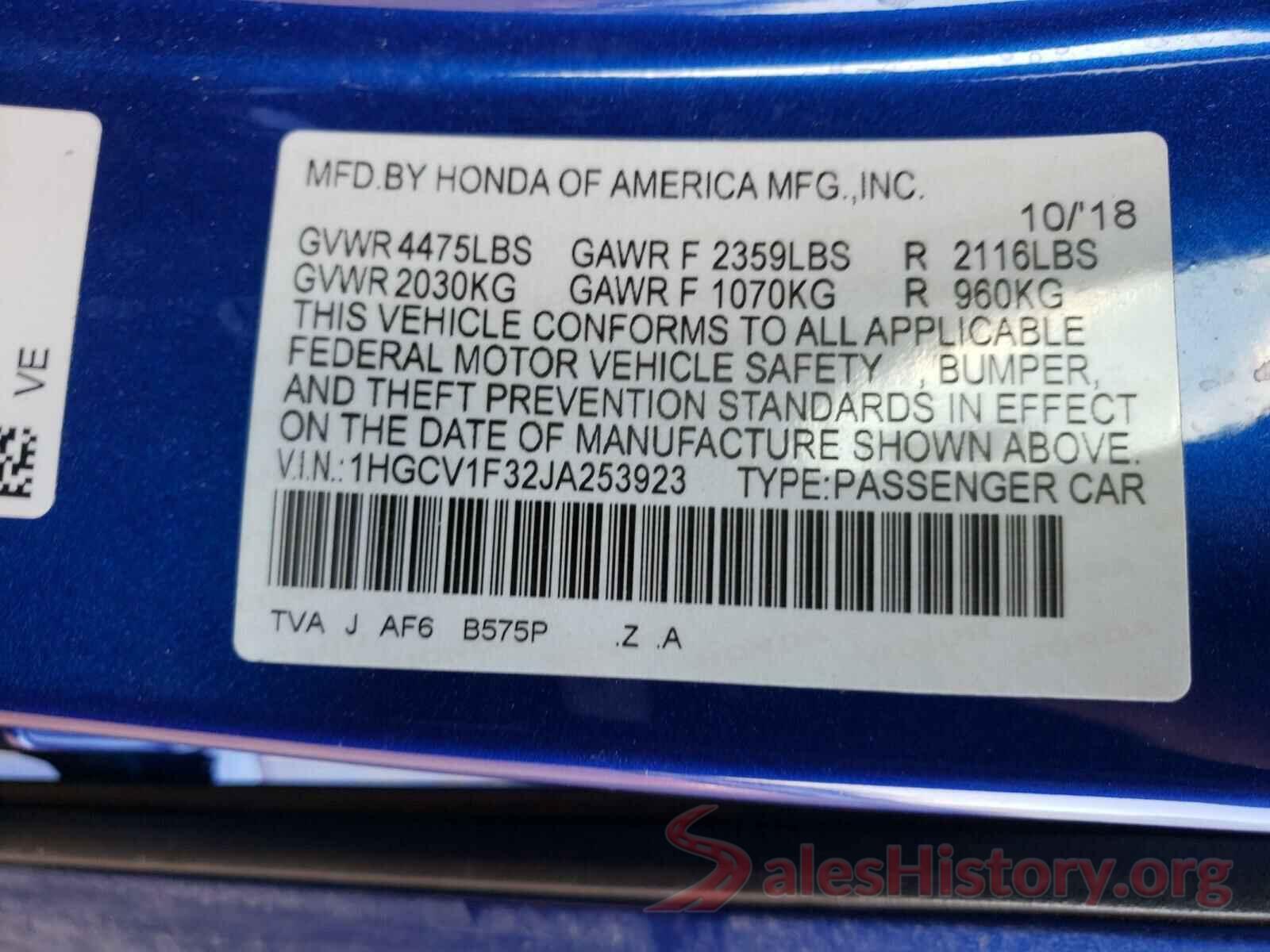 1HGCV1F32JA253923 2018 HONDA ACCORD