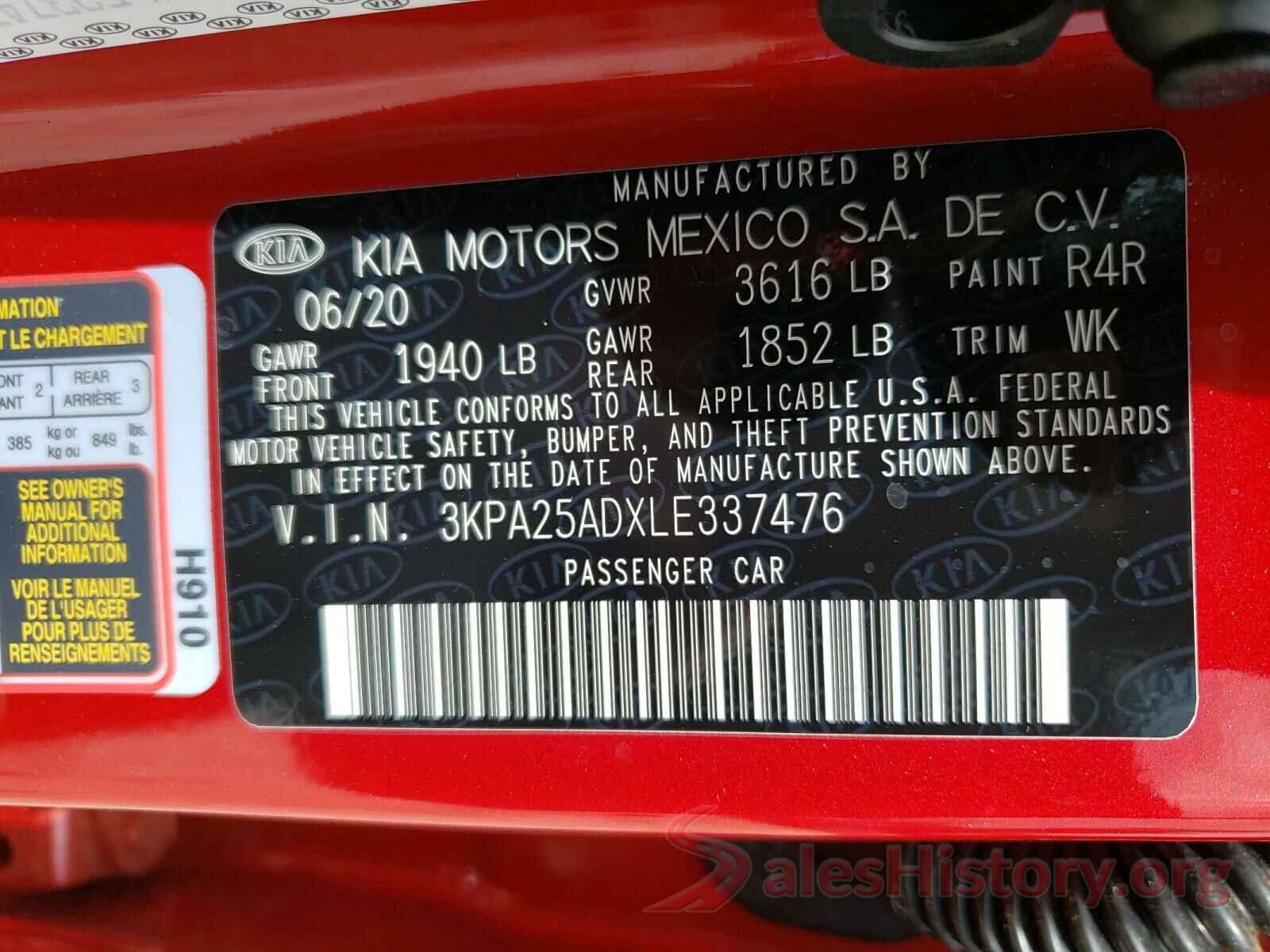 3KPA25ADXLE337476 2020 KIA RIO