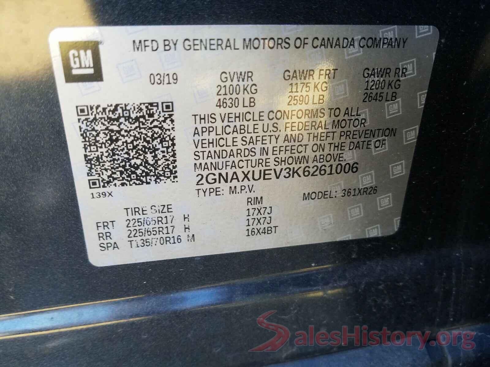 2GNAXUEV3K6261006 2019 CHEVROLET EQUINOX