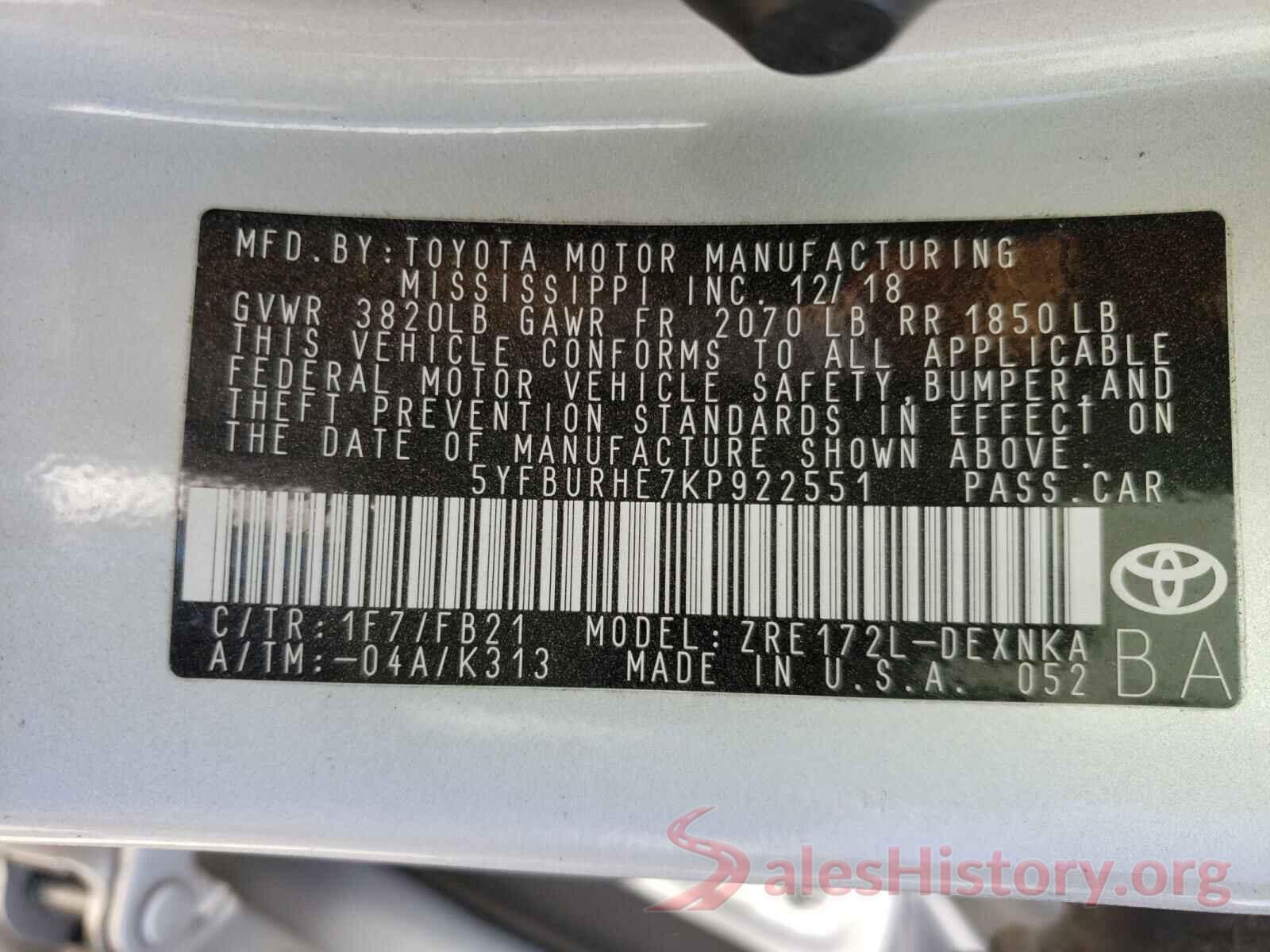 5YFBURHE7KP922551 2019 TOYOTA COROLLA