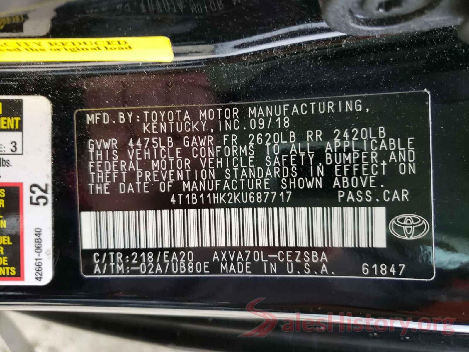 4T1B11HK2KU687717 2019 TOYOTA CAMRY