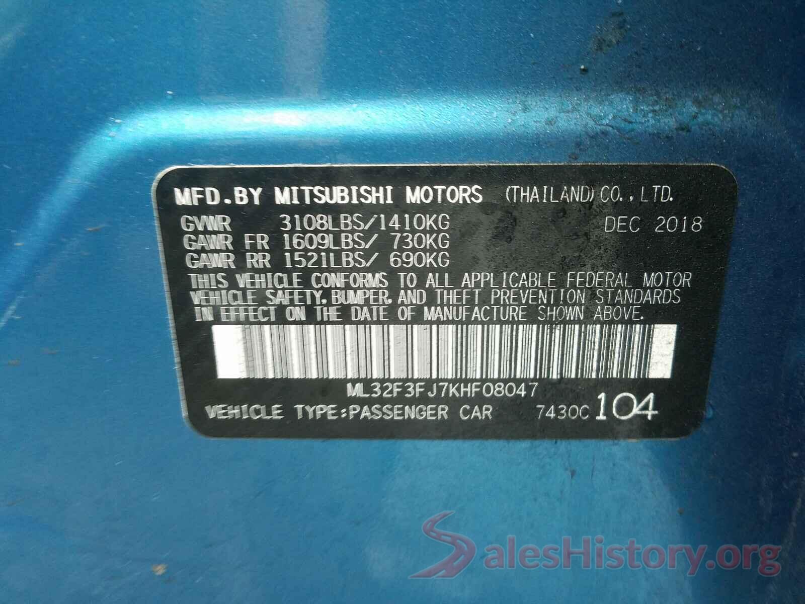 ML32F3FJ7KHF08047 2019 MITSUBISHI MIRAGE