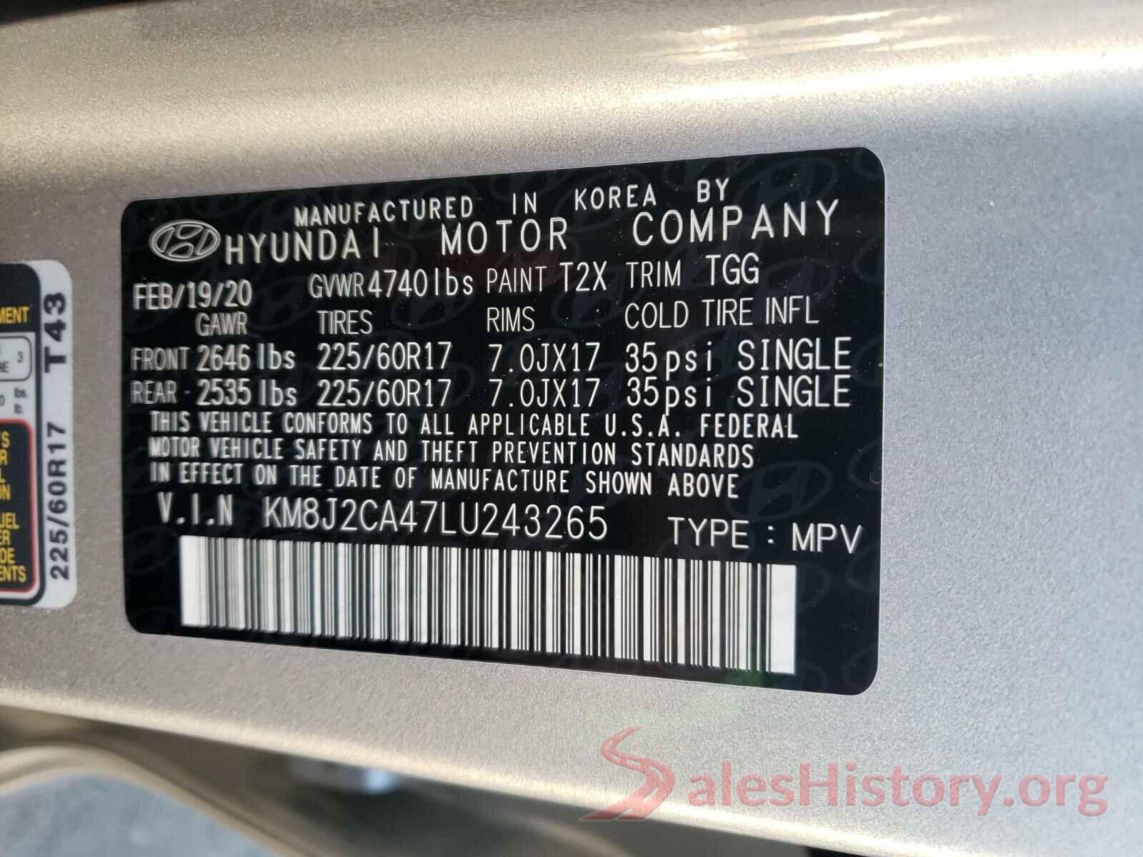 KM8J2CA47LU243265 2020 HYUNDAI TUCSON