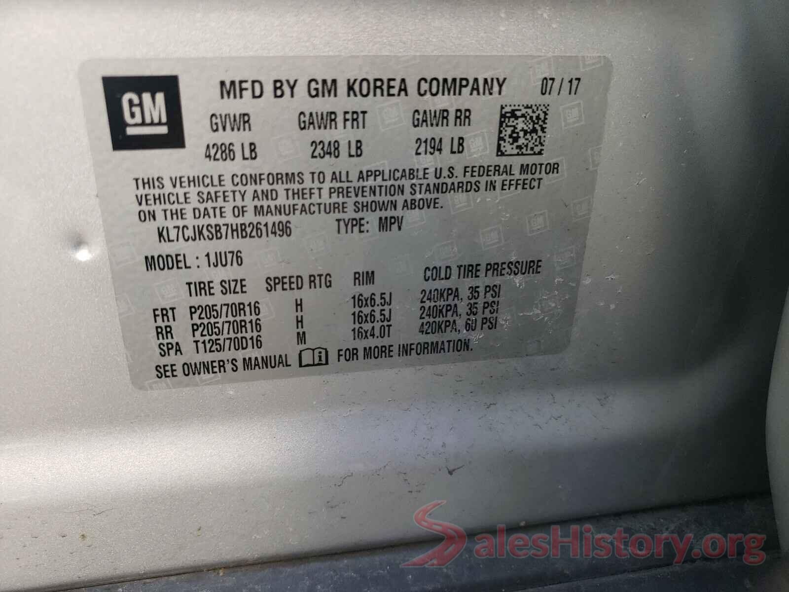 KL7CJKSB7HB261496 2017 CHEVROLET TRAX