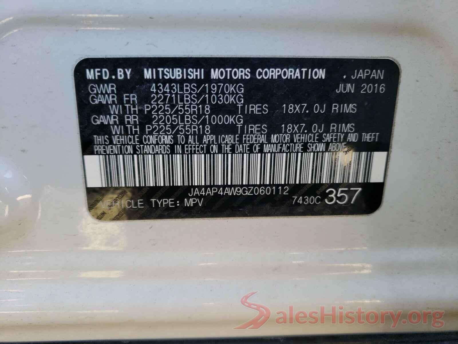 JA4AP4AW9GZ060112 2016 MITSUBISHI OUTLANDER