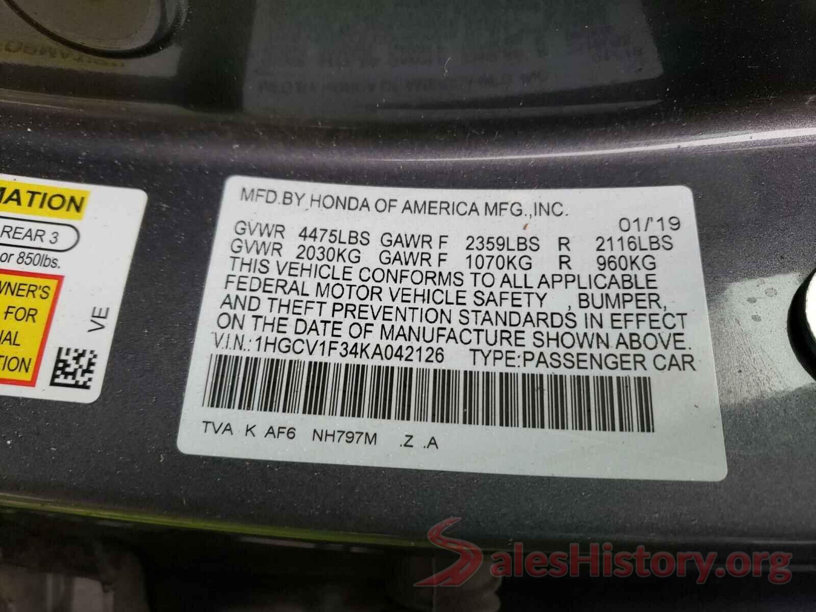 1HGCV1F34KA042126 2019 HONDA ACCORD