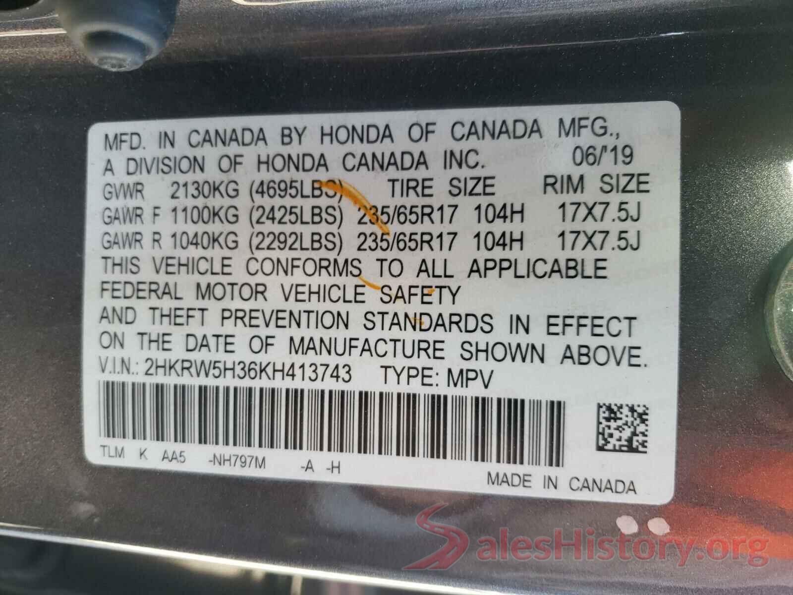 2HKRW5H36KH413743 2019 HONDA CRV