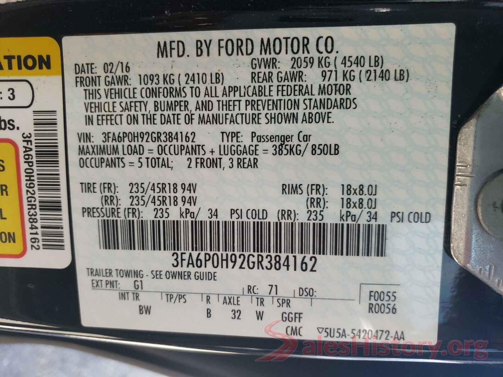 3FA6P0H92GR384162 2016 FORD FUSION