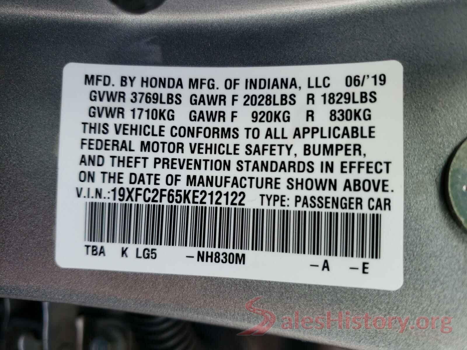 19XFC2F65KE212122 2019 HONDA CIVIC