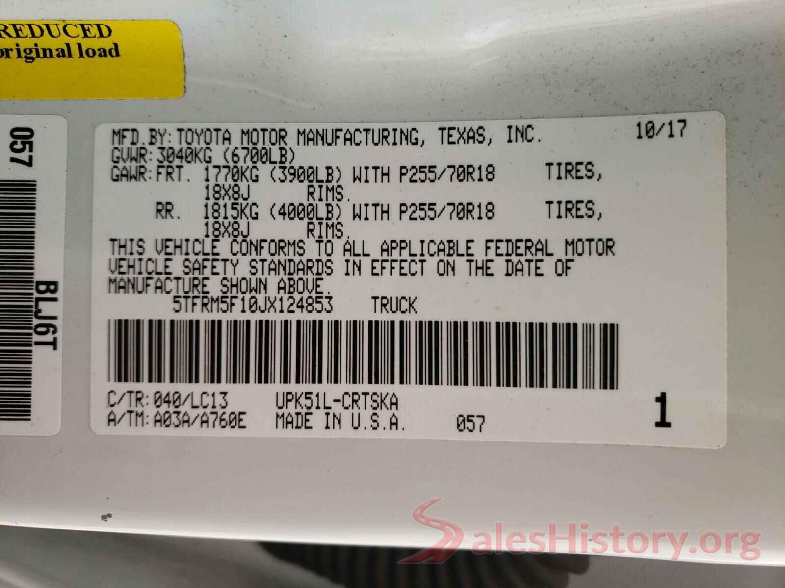 5TFRM5F10JX124853 2018 TOYOTA TUNDRA