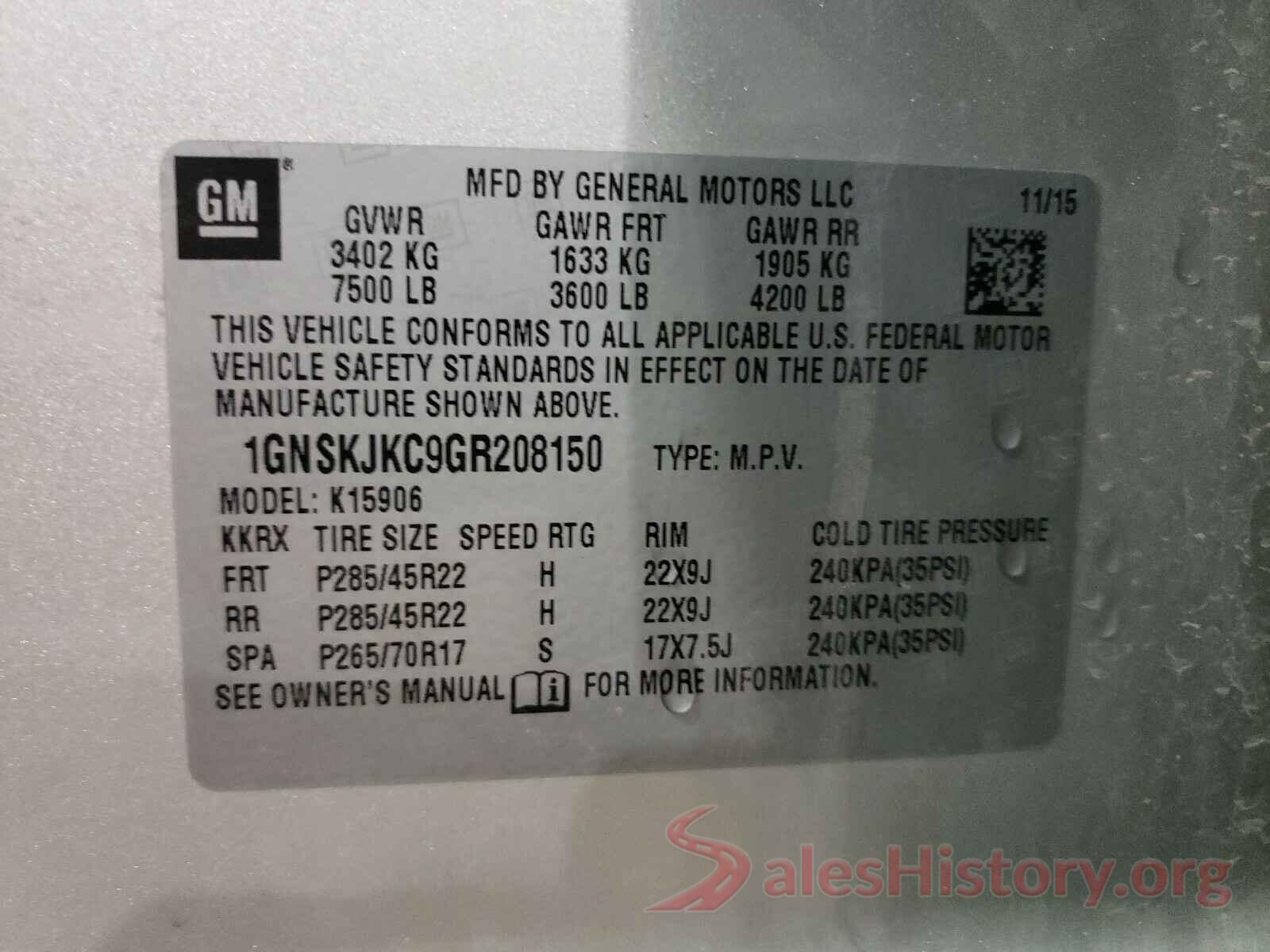 1GNSKJKC9GR208150 2016 CHEVROLET SUBURBAN