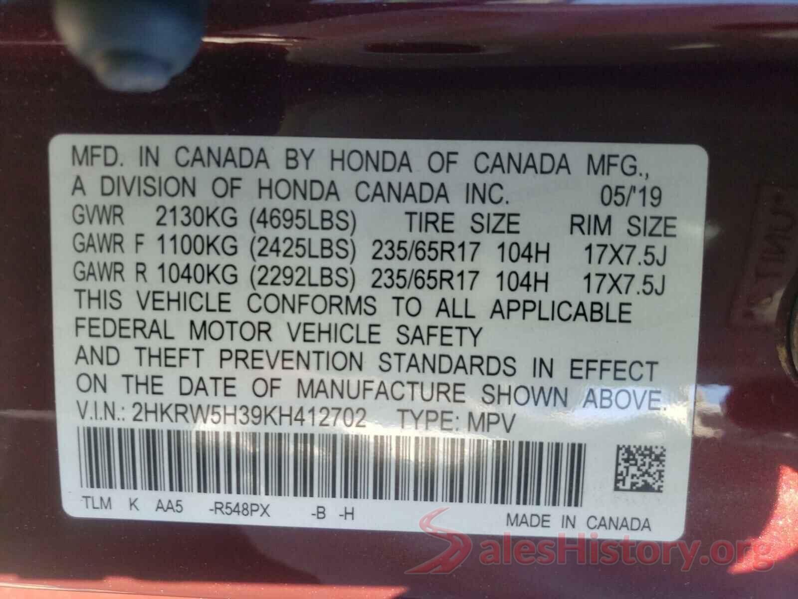 2HKRW5H39KH412702 2019 HONDA CRV