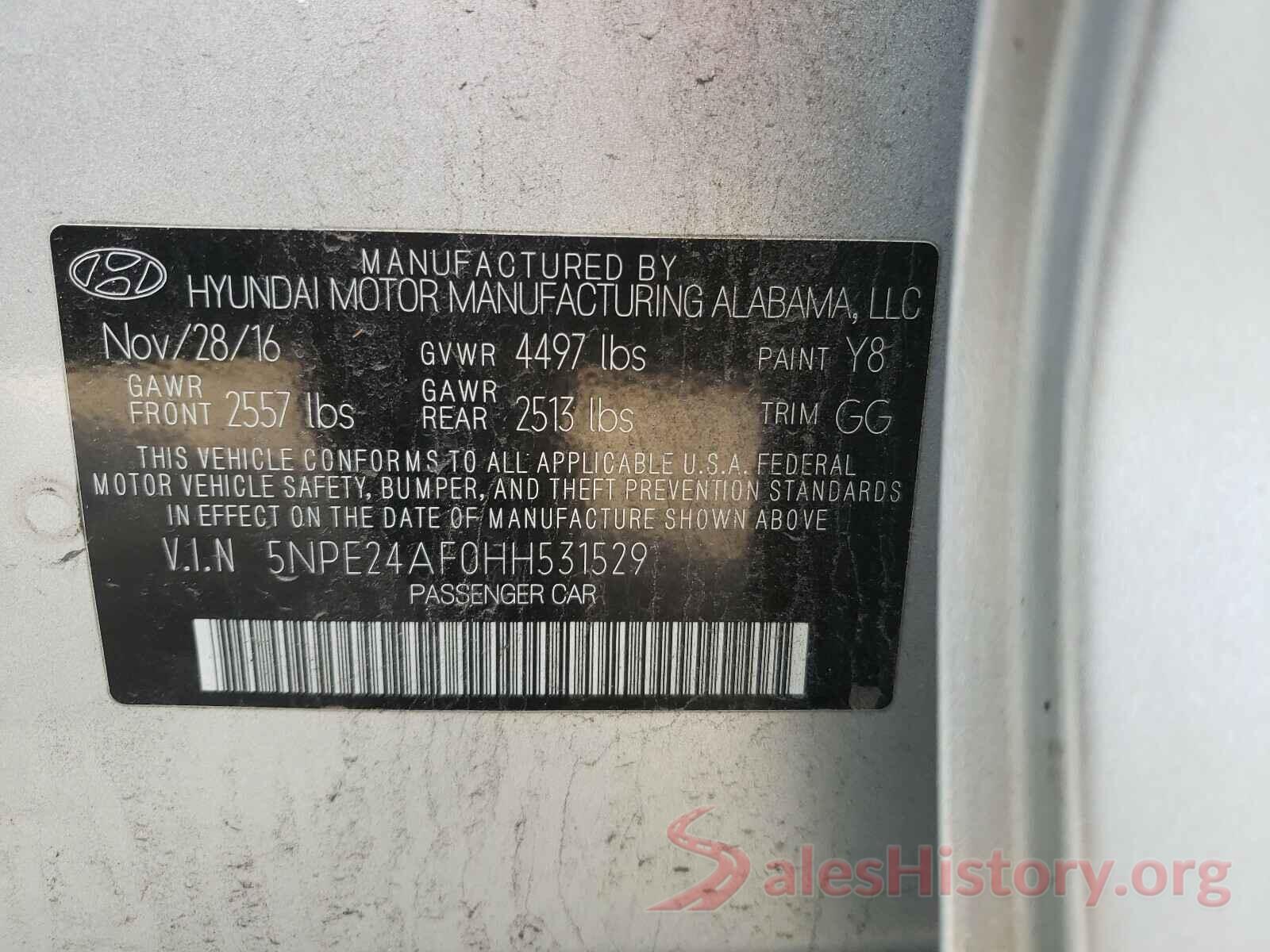 5NPE24AF0HH531529 2017 HYUNDAI SONATA