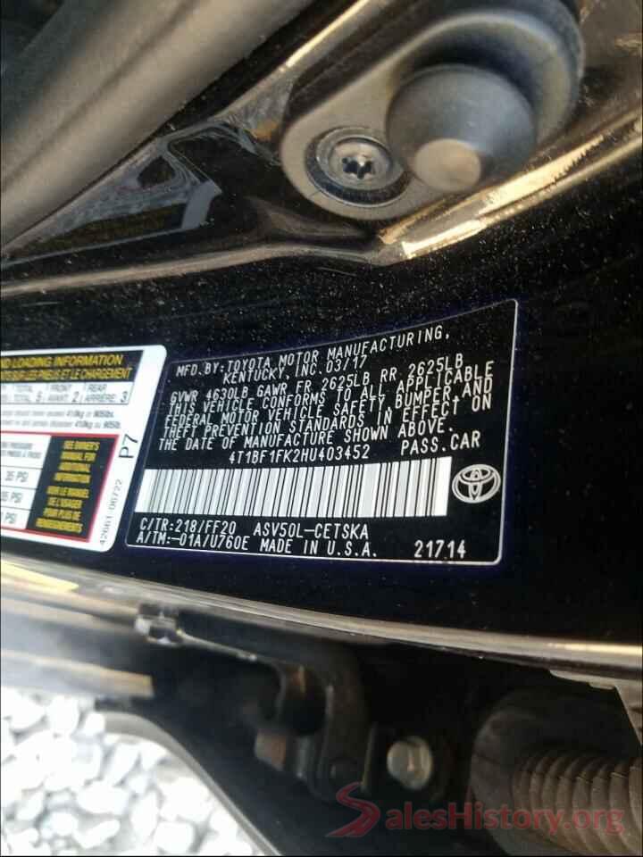 4T1BF1FK2HU403452 2017 TOYOTA CAMRY