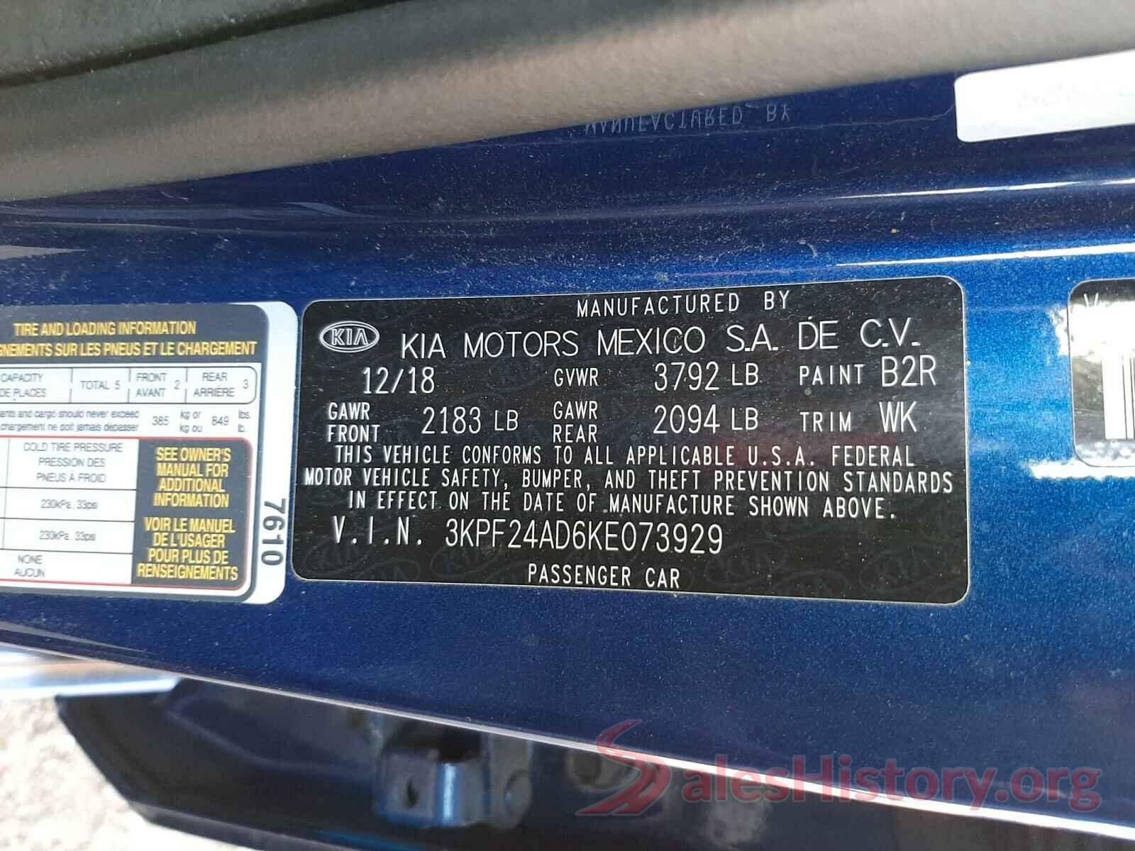 3KPF24AD6KE073929 2019 KIA FORTE