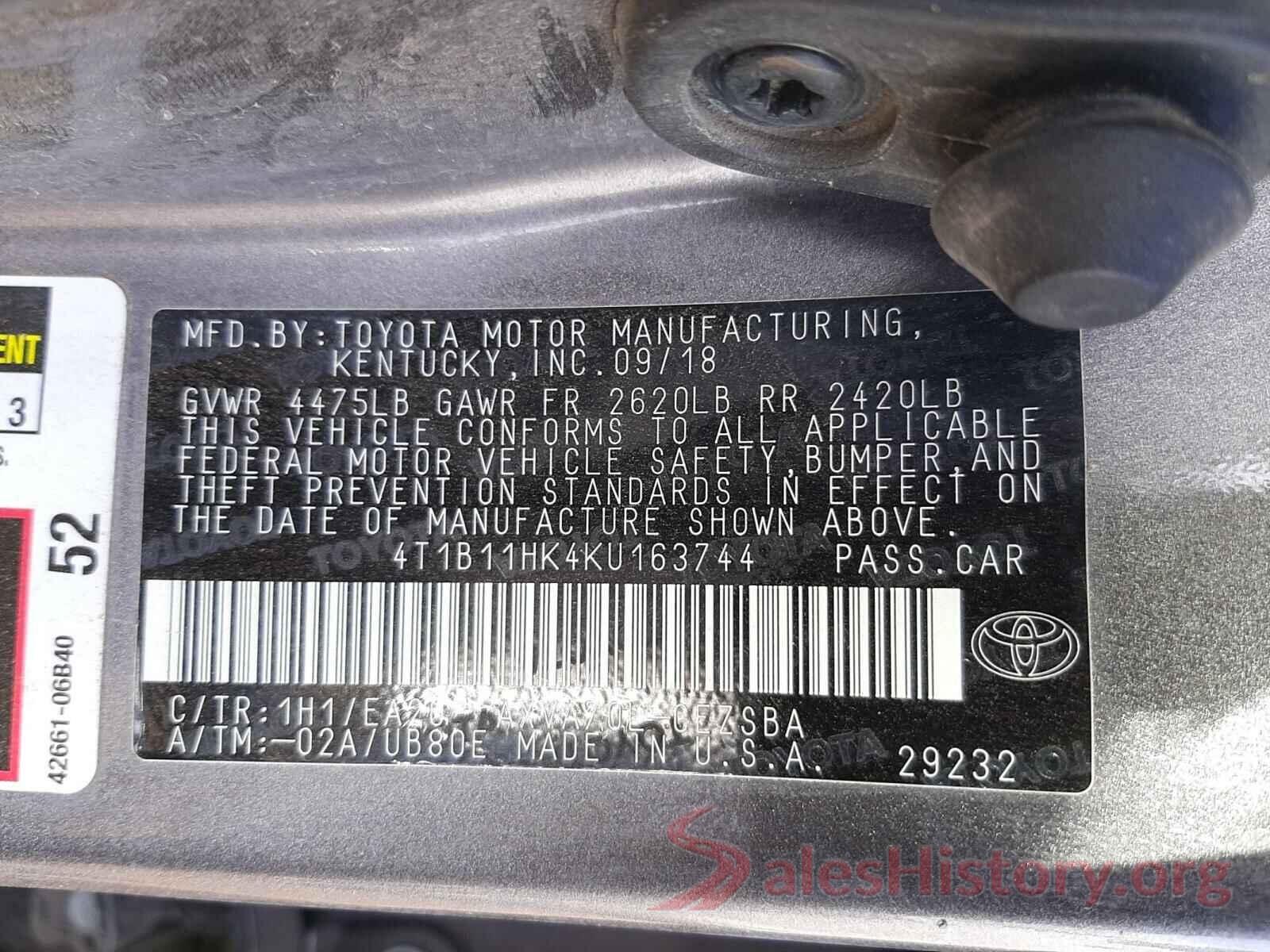 4T1B11HK4KU163744 2019 TOYOTA CAMRY