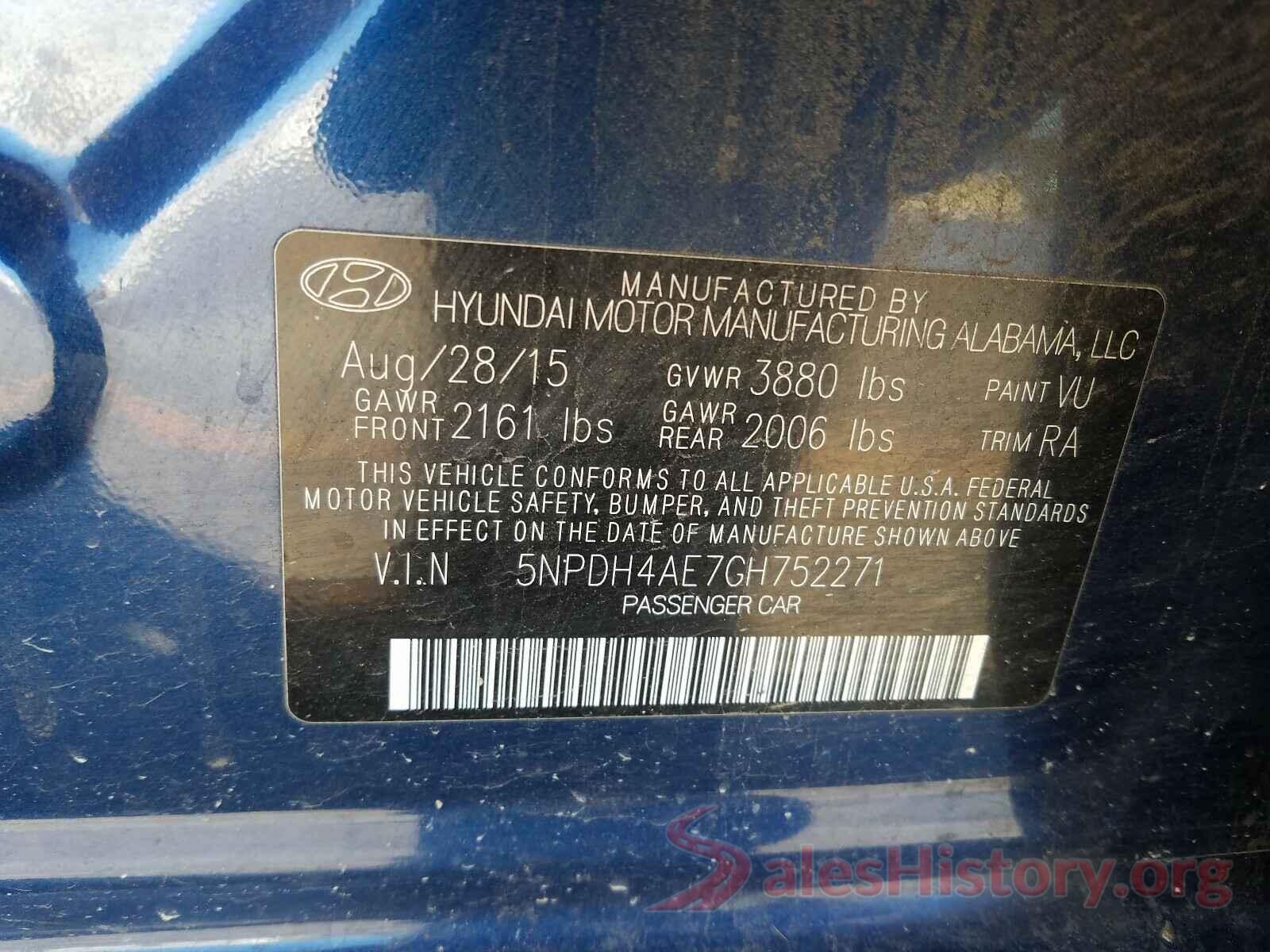 5NPDH4AE7GH752271 2016 HYUNDAI ELANTRA