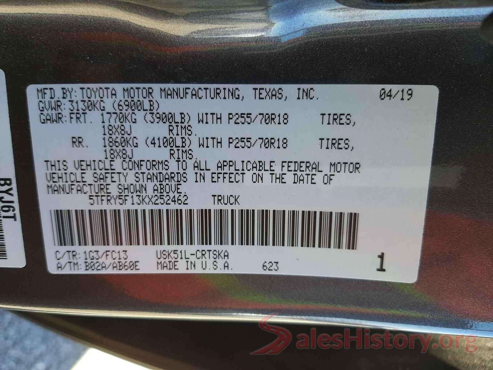 5TFRY5F13KX252462 2019 TOYOTA TUNDRA