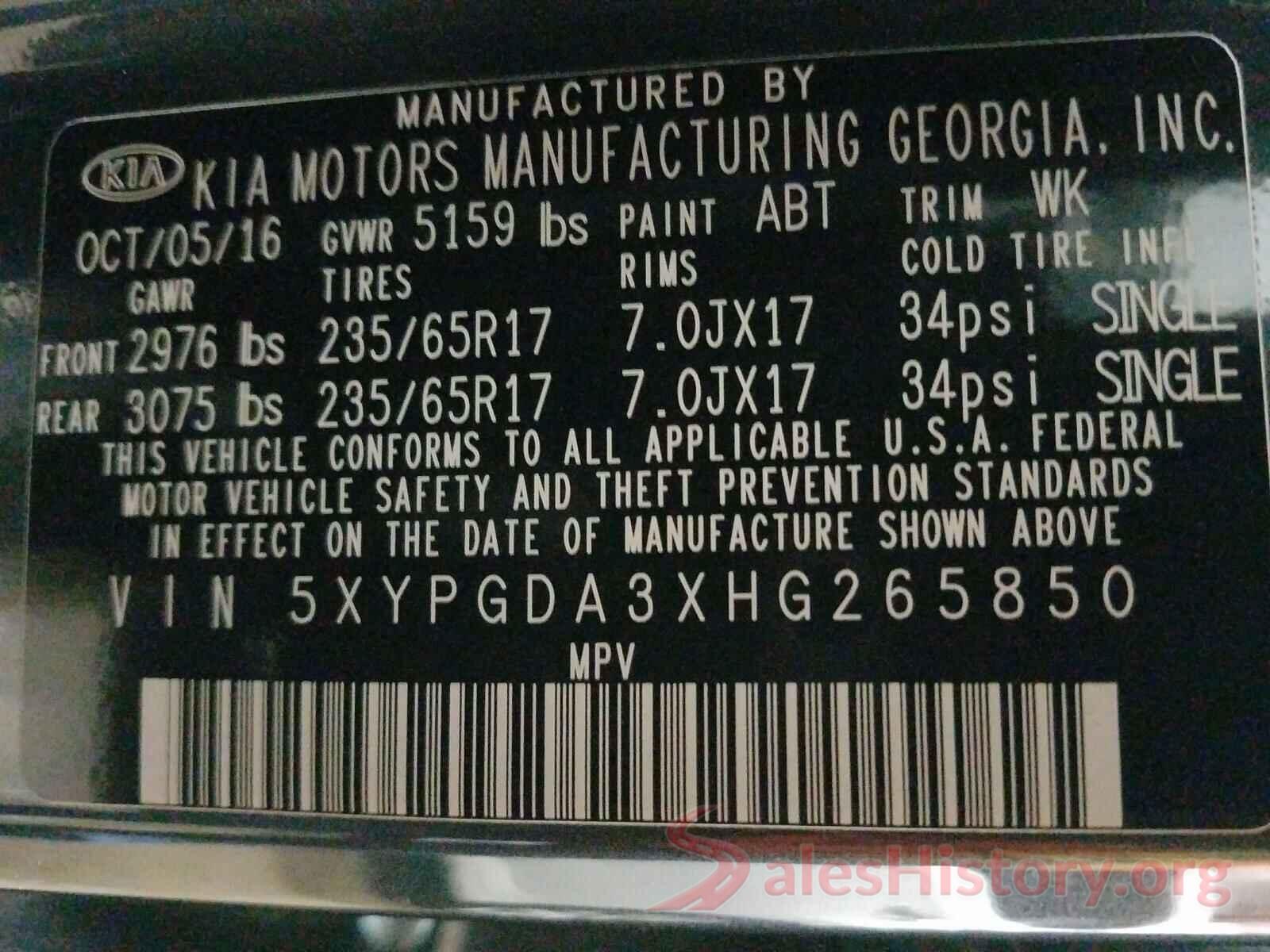 5XYPGDA3XHG265850 2017 KIA SORENTO