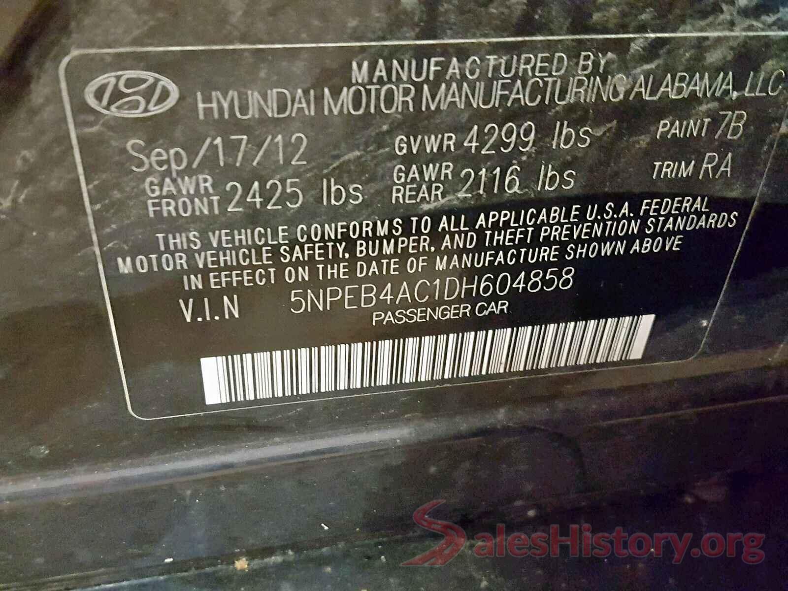 5NPEB4AC1DH604858 2013 HYUNDAI SONATA