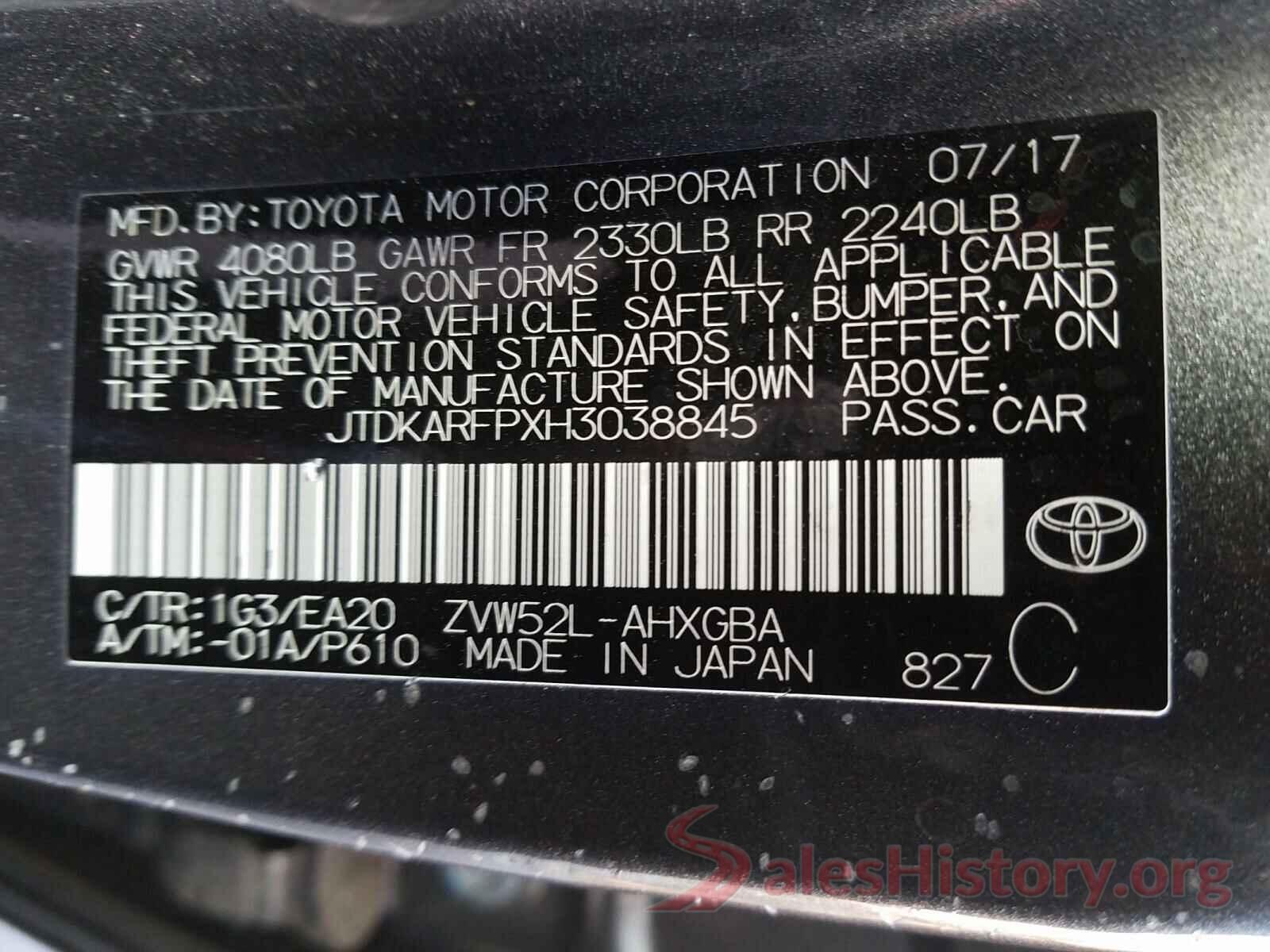 JTDKARFPXH3038845 2017 TOYOTA PRIUS