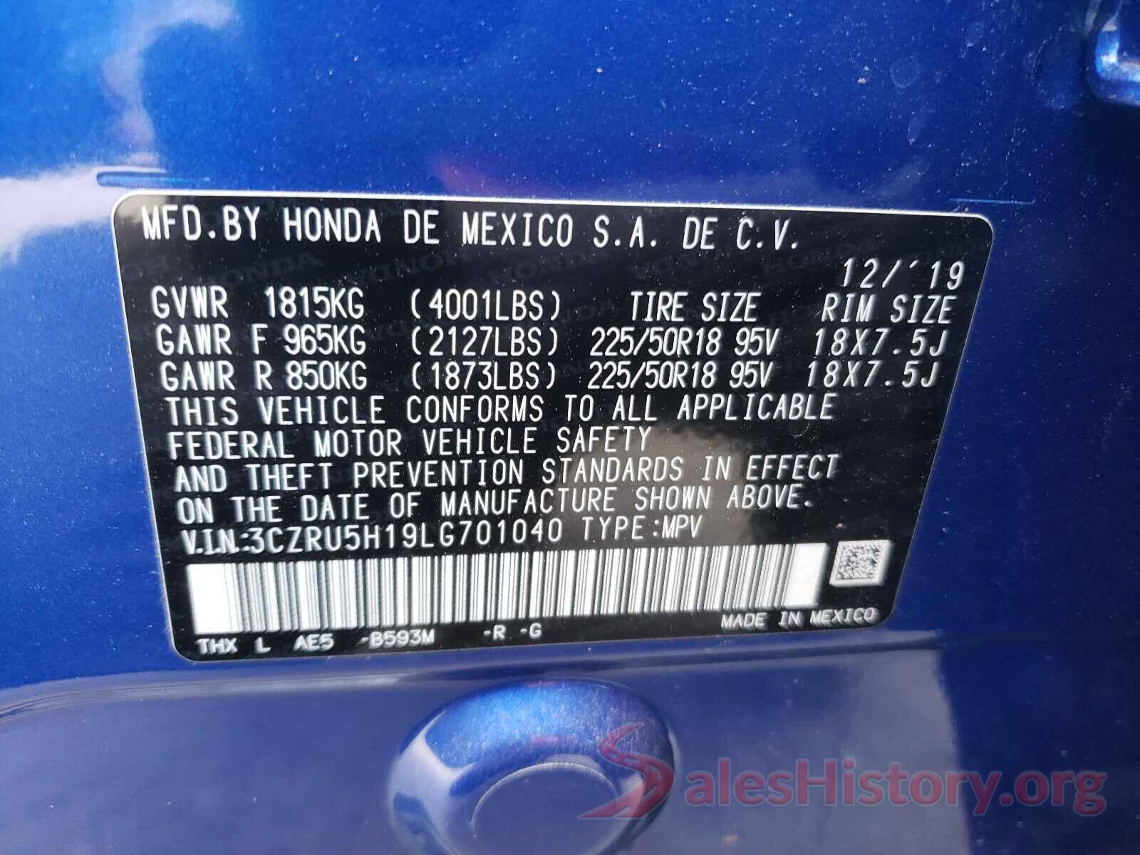 3CZRU5H19LG701040 2020 HONDA HR-V