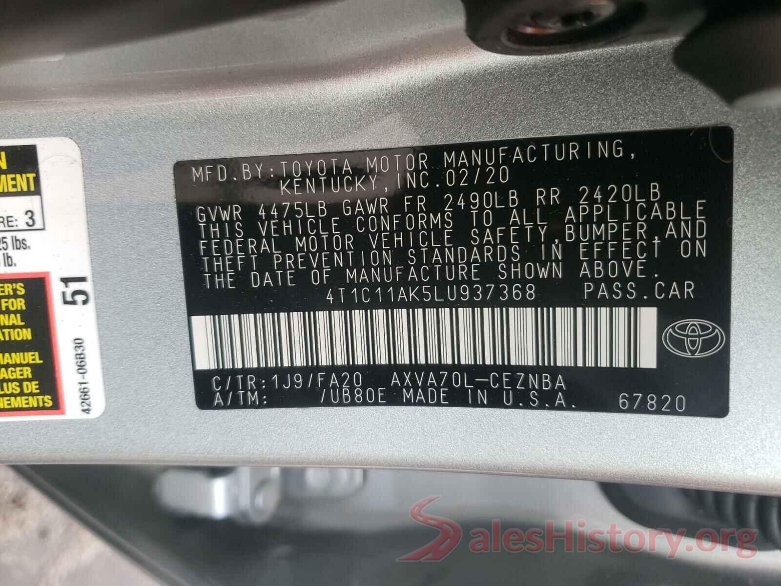 4T1C11AK5LU937368 2020 TOYOTA CAMRY