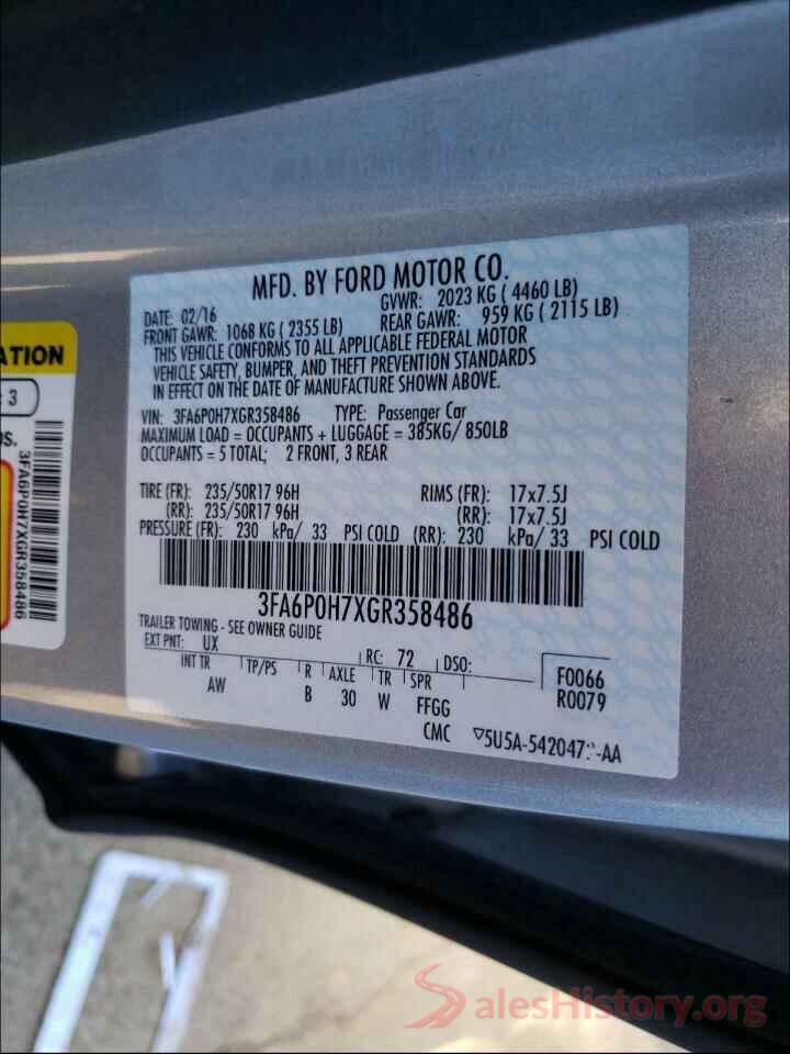 3FA6P0H7XGR358486 2016 FORD FUSION