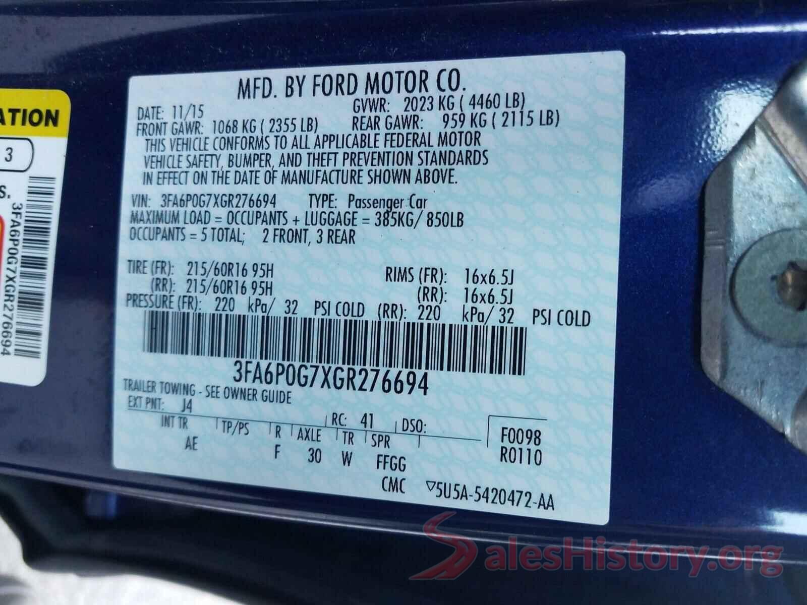 3FA6P0G7XGR276694 2016 FORD FUSION