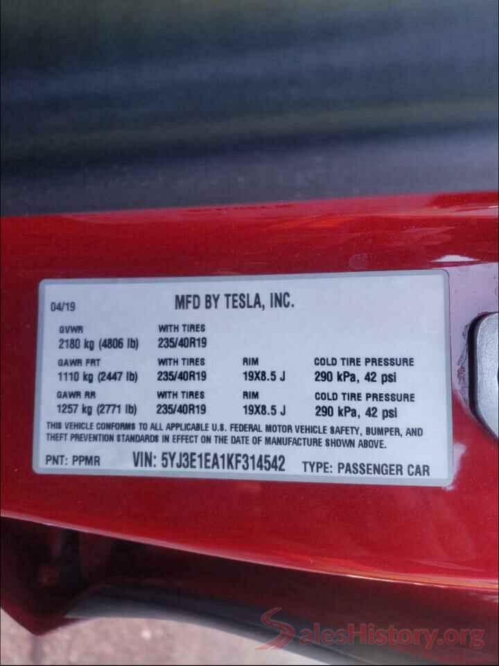 5YJ3E1EA1KF314542 2019 TESLA MODEL 3