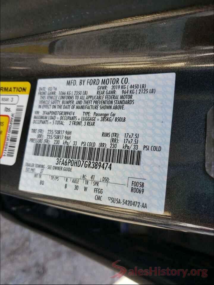 3FA6P0HD7GR389474 2016 FORD FUSION