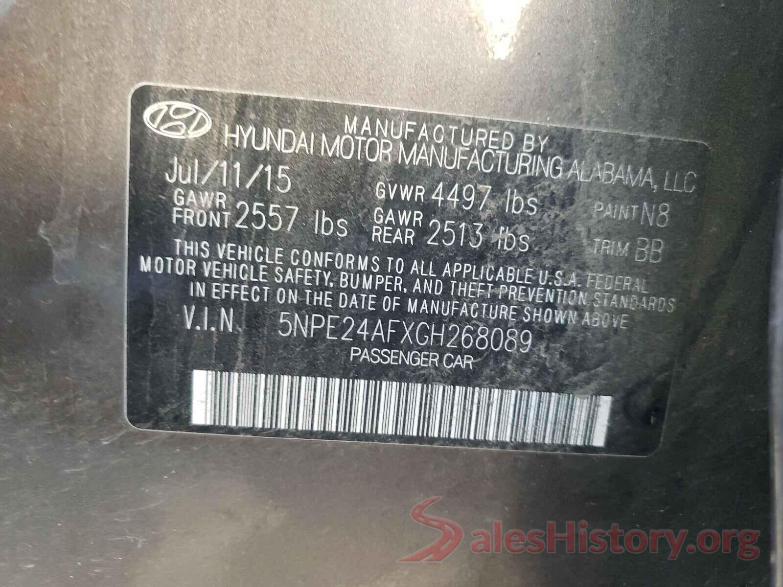 5NPE24AFXGH268089 2016 HYUNDAI SONATA