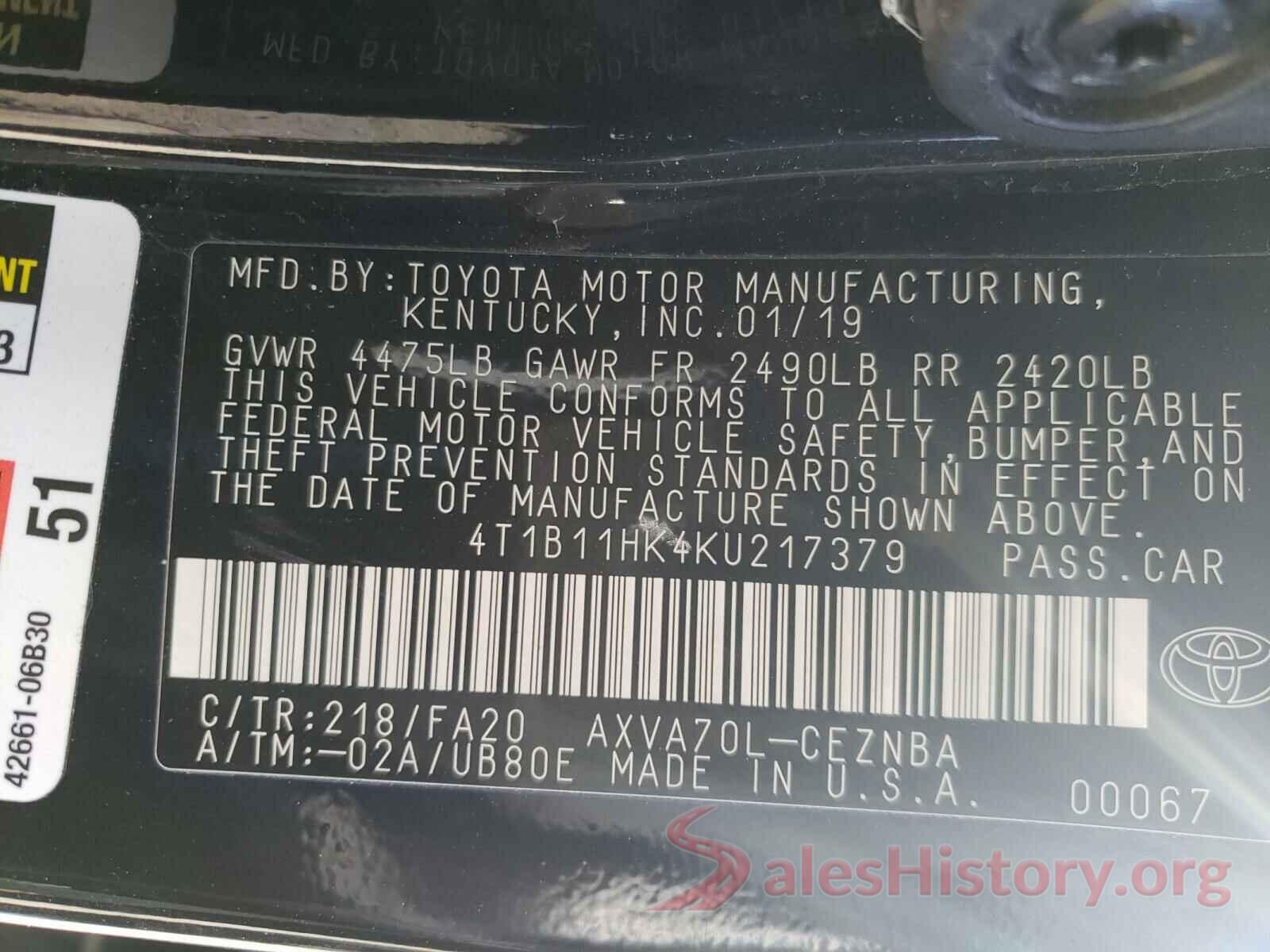 4T1B11HK4KU217379 2019 TOYOTA CAMRY