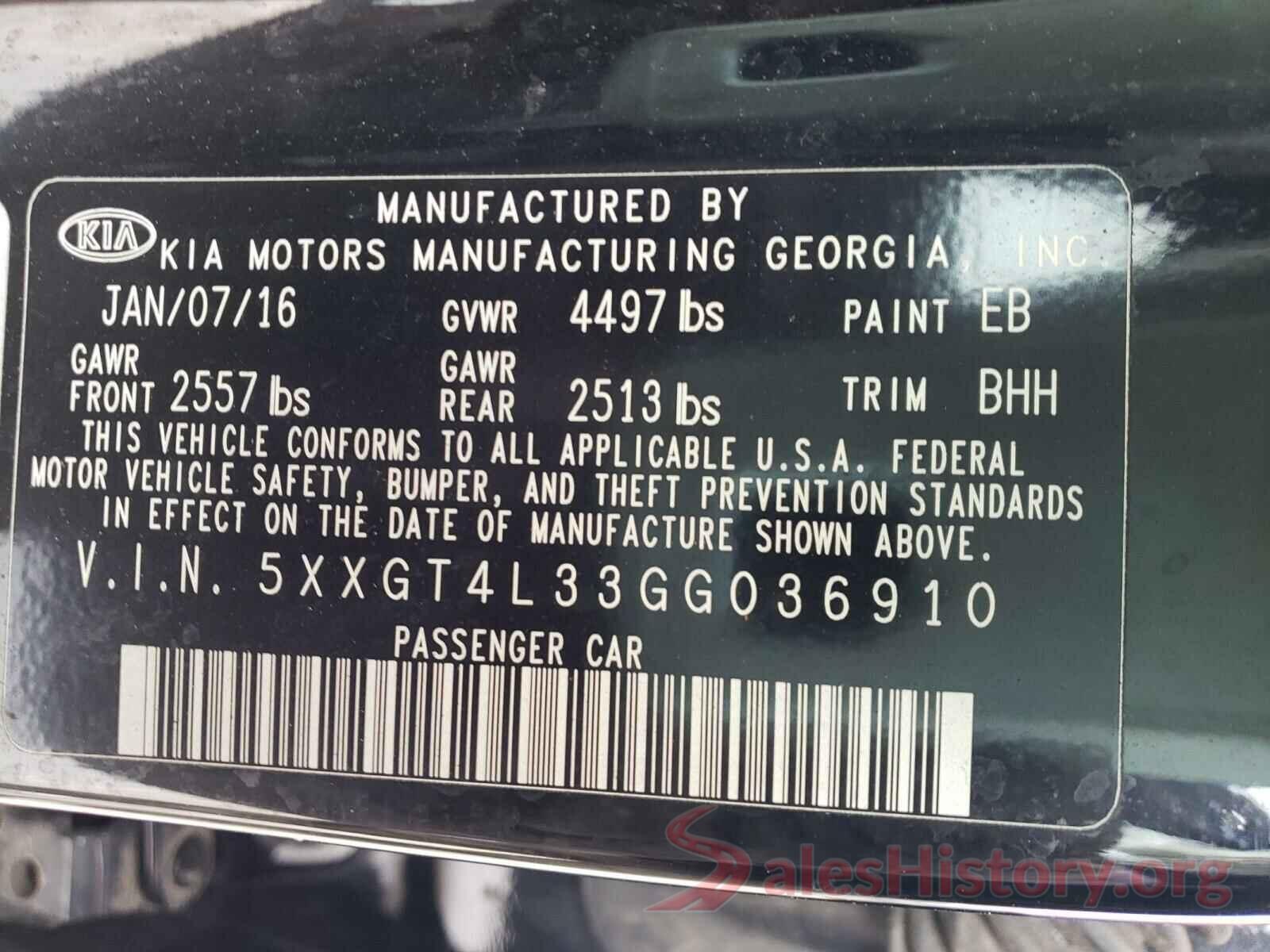 5XXGT4L33GG036910 2016 KIA OPTIMA