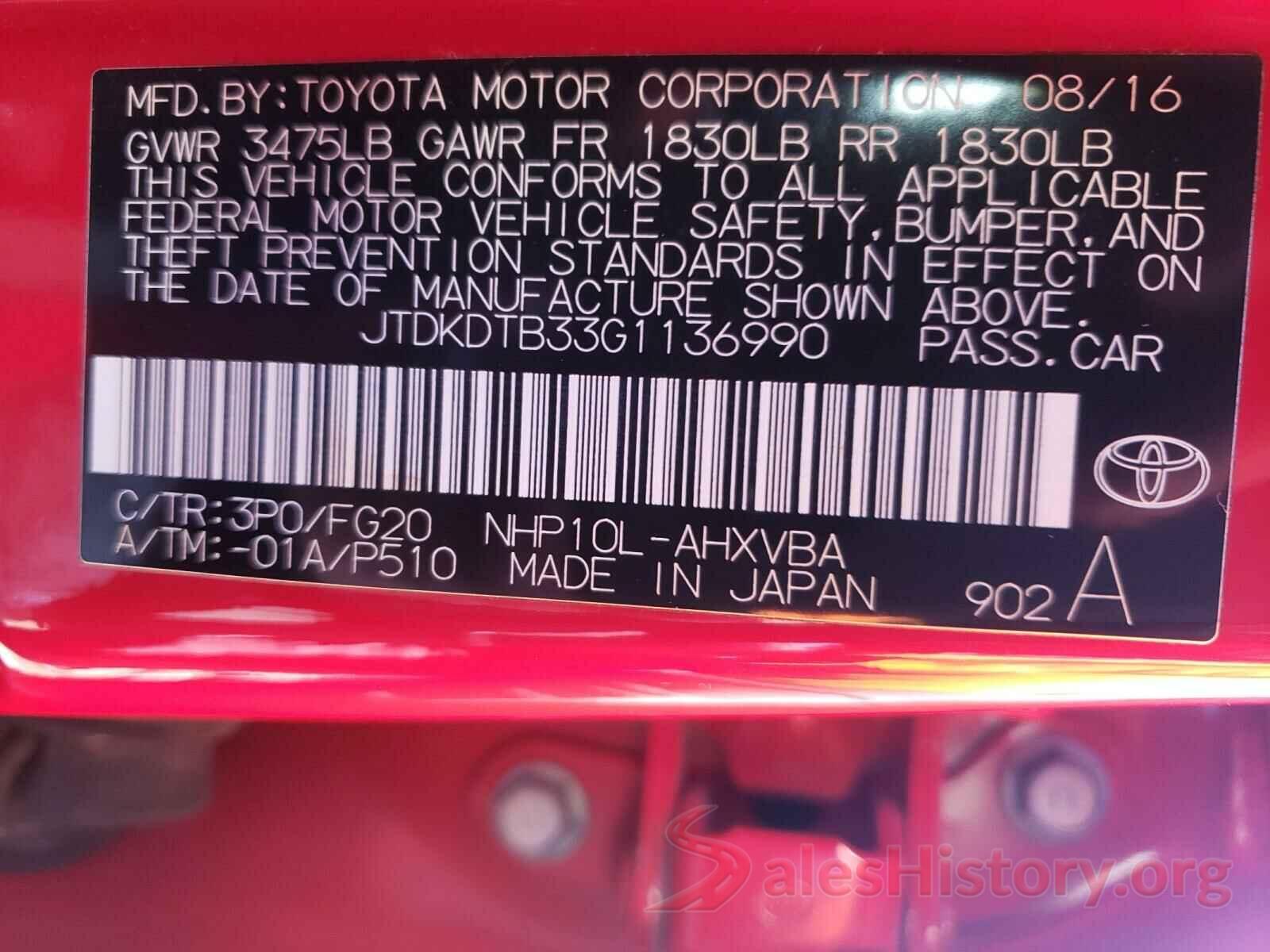 JTDKDTB33G1136990 2016 TOYOTA PRIUS