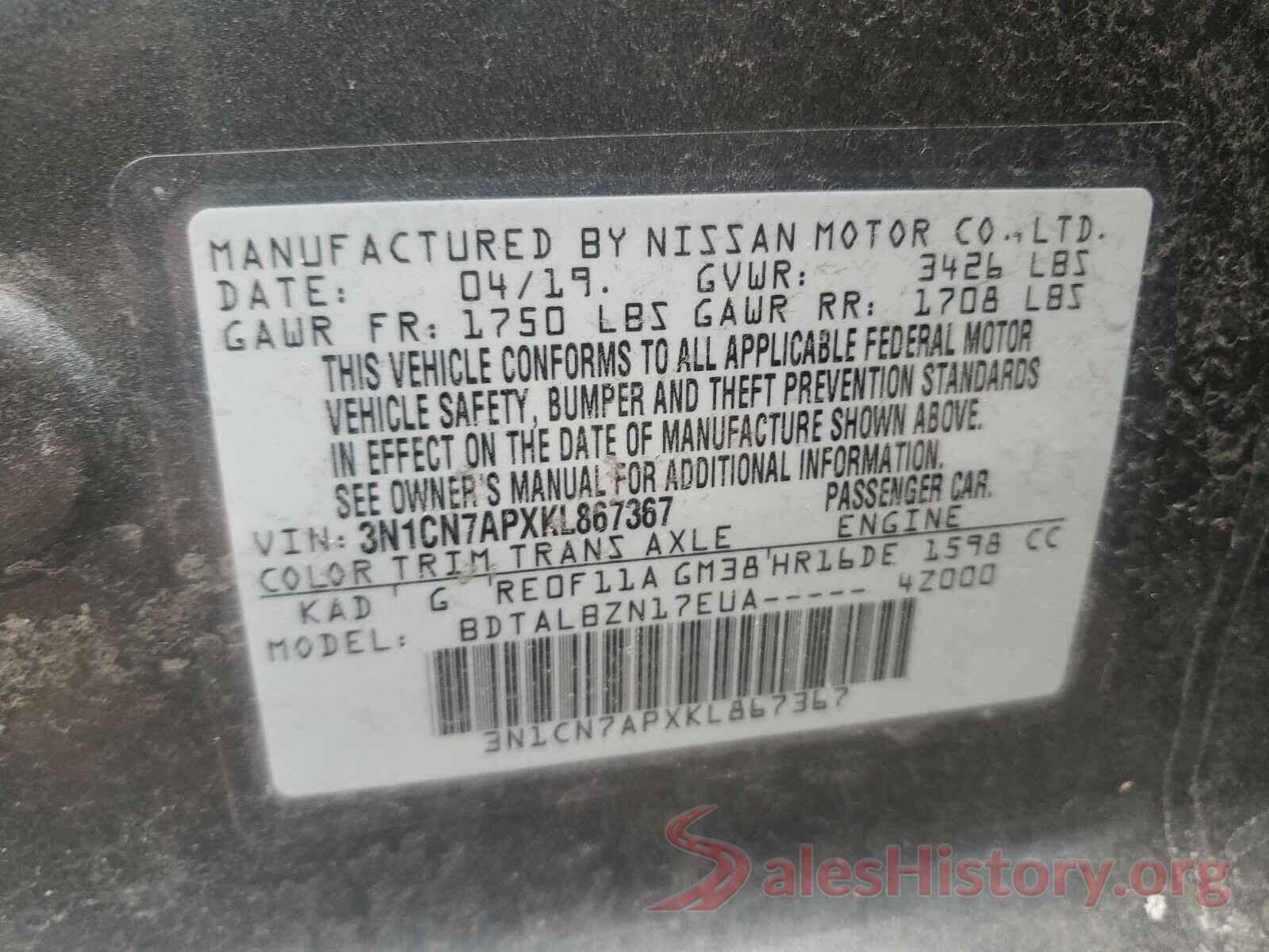 3N1CN7APXKL867367 2019 NISSAN VERSA