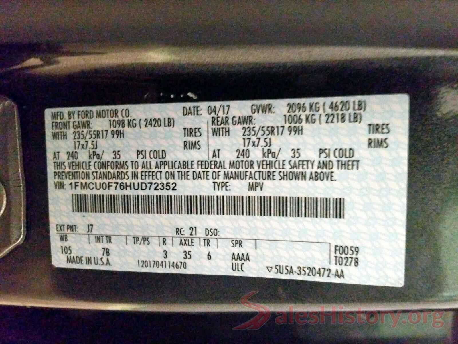 1FMCU0F76HUD72352 2017 FORD ESCAPE