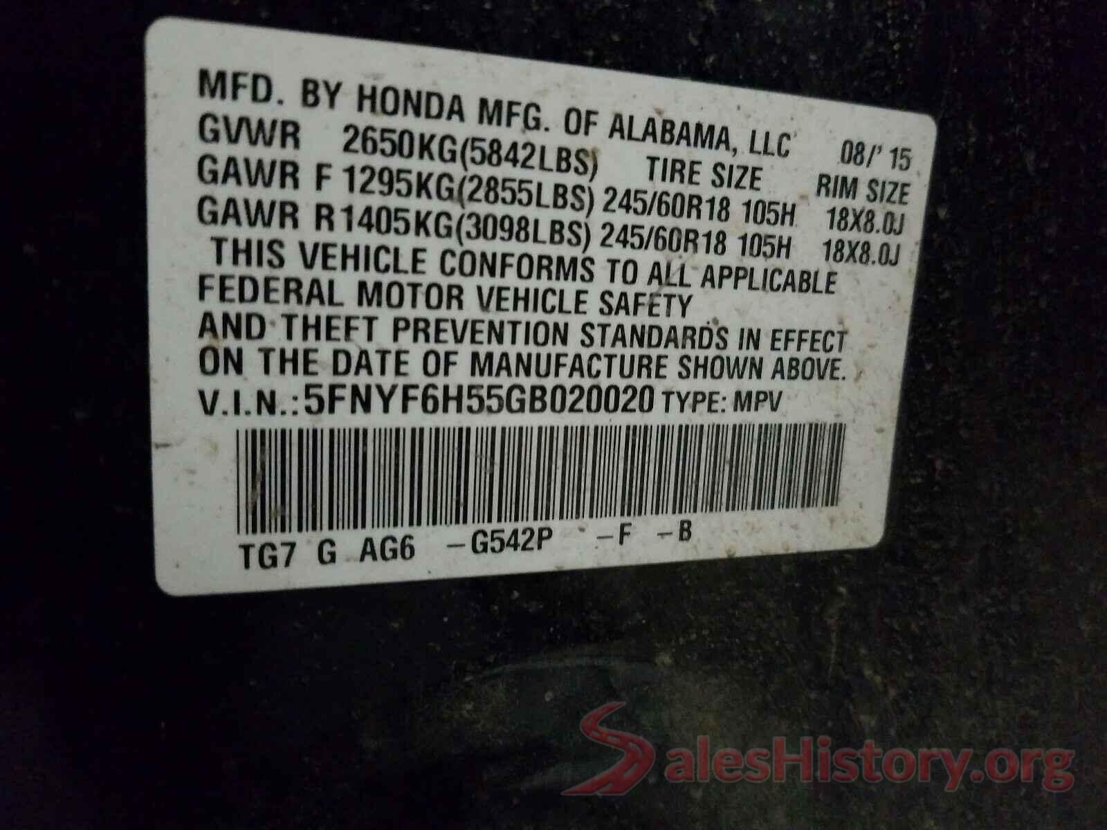 5FNYF6H55GB020020 2016 HONDA PILOT