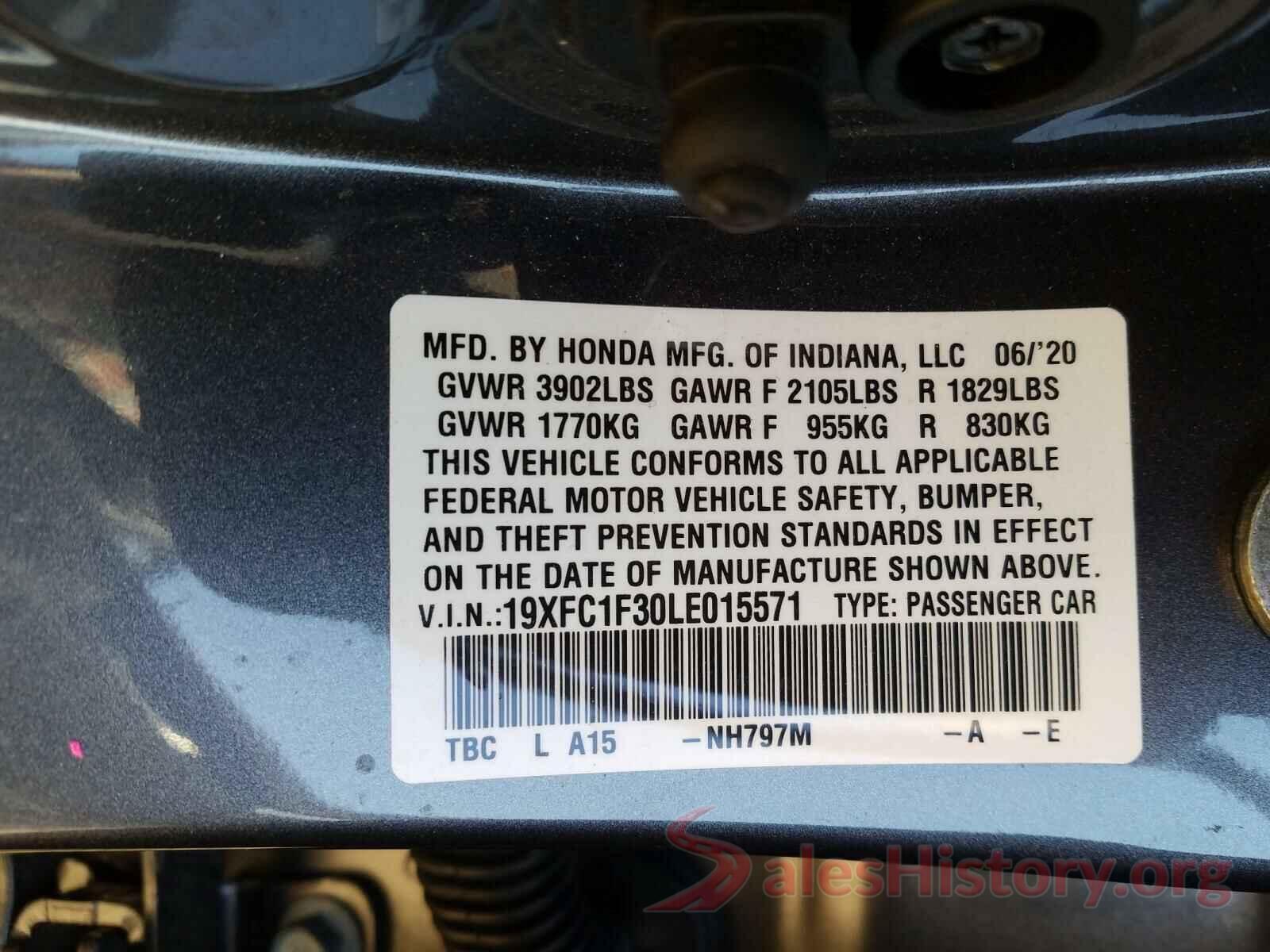 19XFC1F30LE015571 2020 HONDA CIVIC