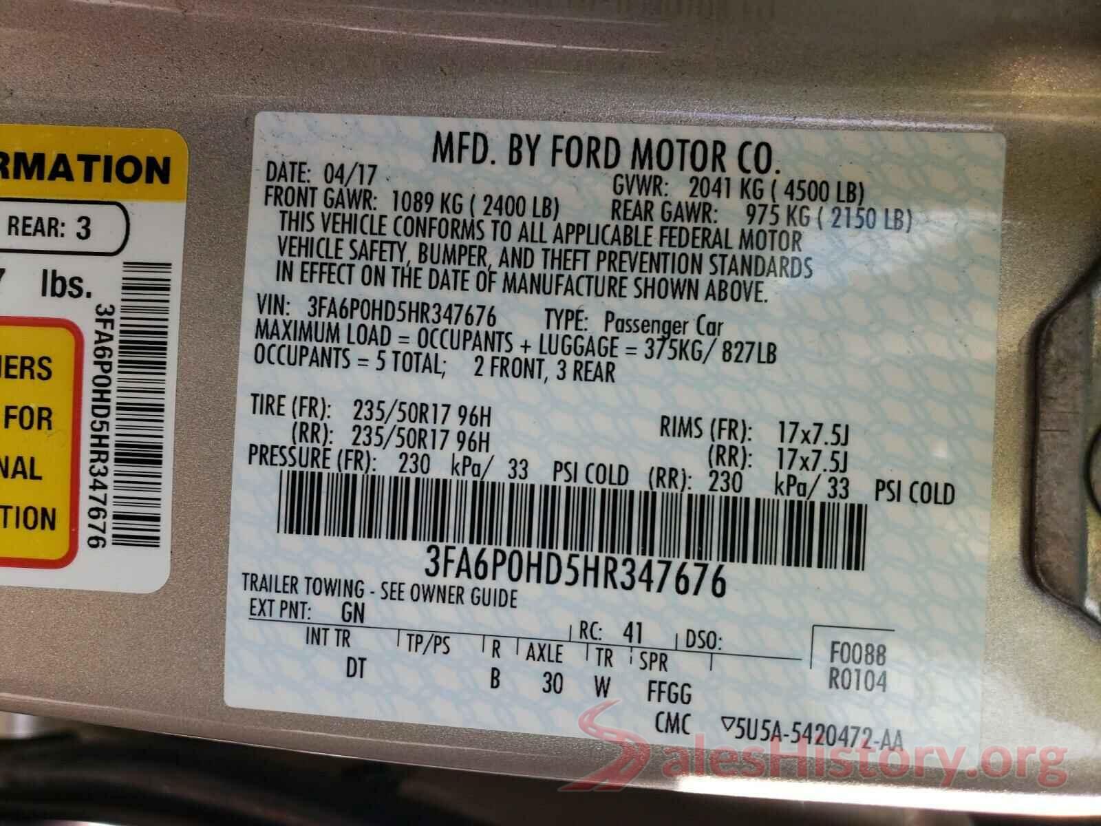 3FA6P0HD5HR347676 2017 FORD FUSION