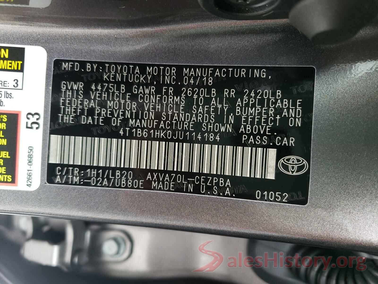 4T1B61HK0JU114184 2018 TOYOTA CAMRY