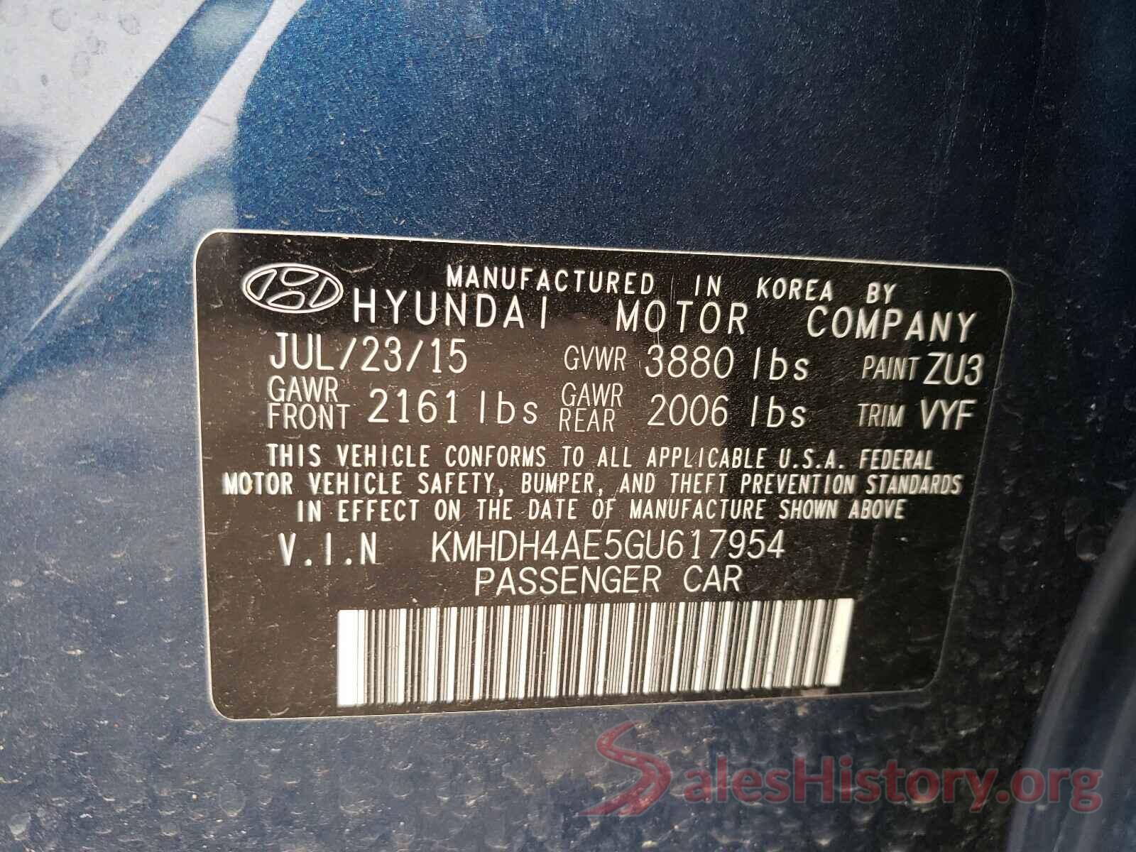 KMHDH4AE5GU617954 2016 HYUNDAI ELANTRA