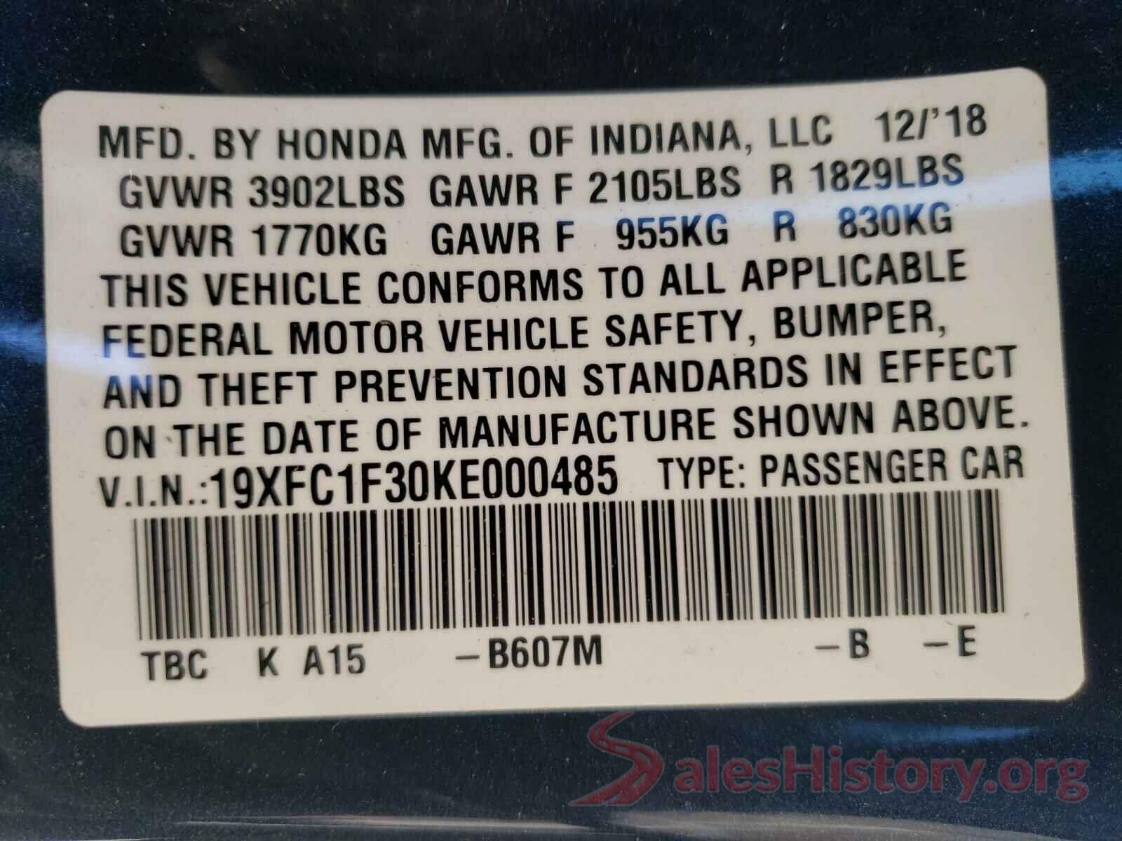 19XFC1F30KE000485 2019 HONDA CIVIC