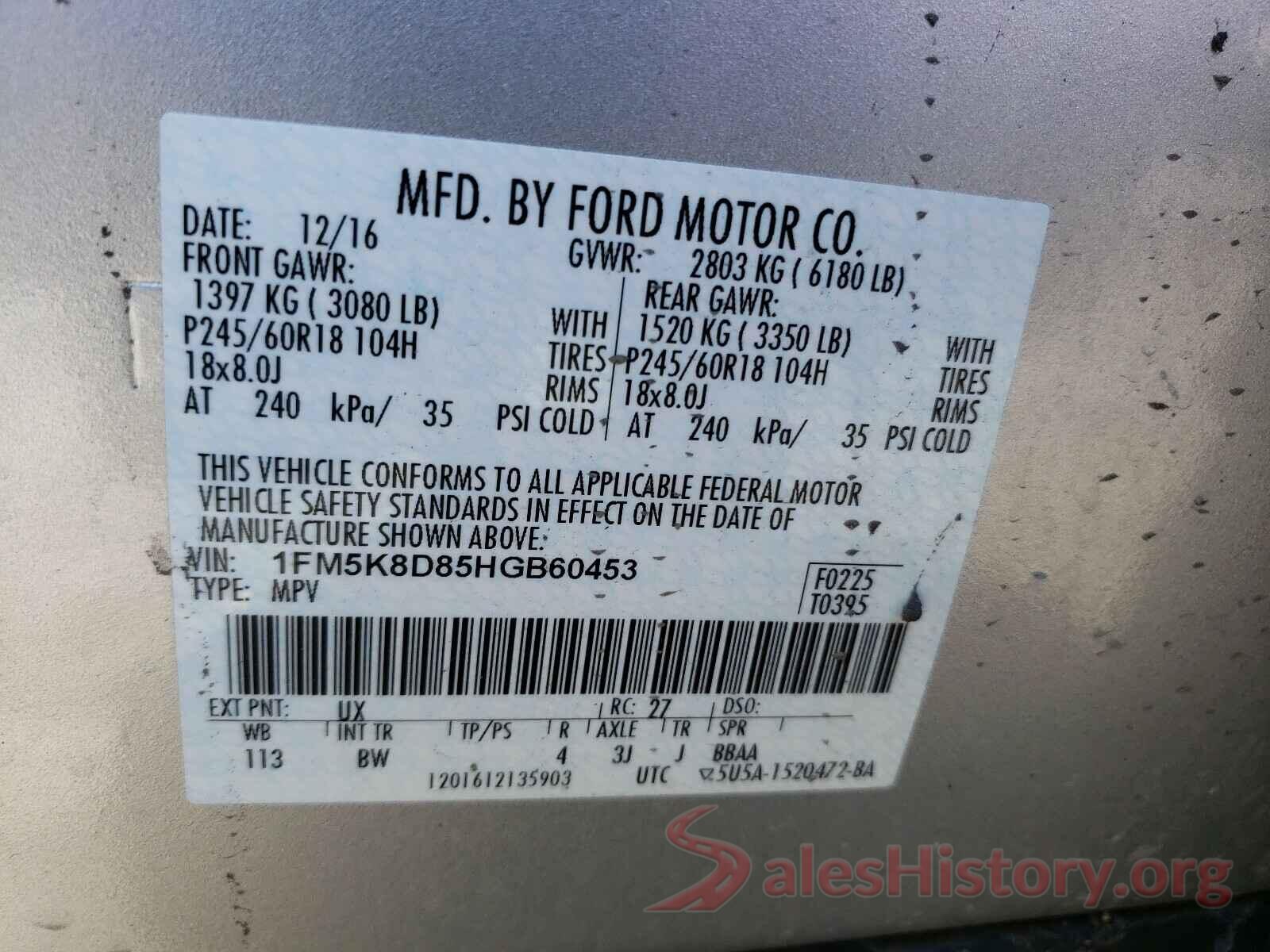 1FM5K8D85HGB60453 2017 FORD EXPLORER