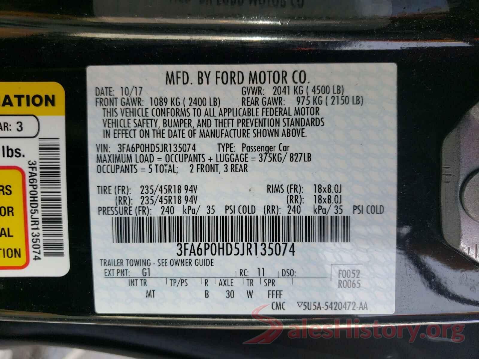 3FA6P0HD5JR135074 2018 FORD FUSION